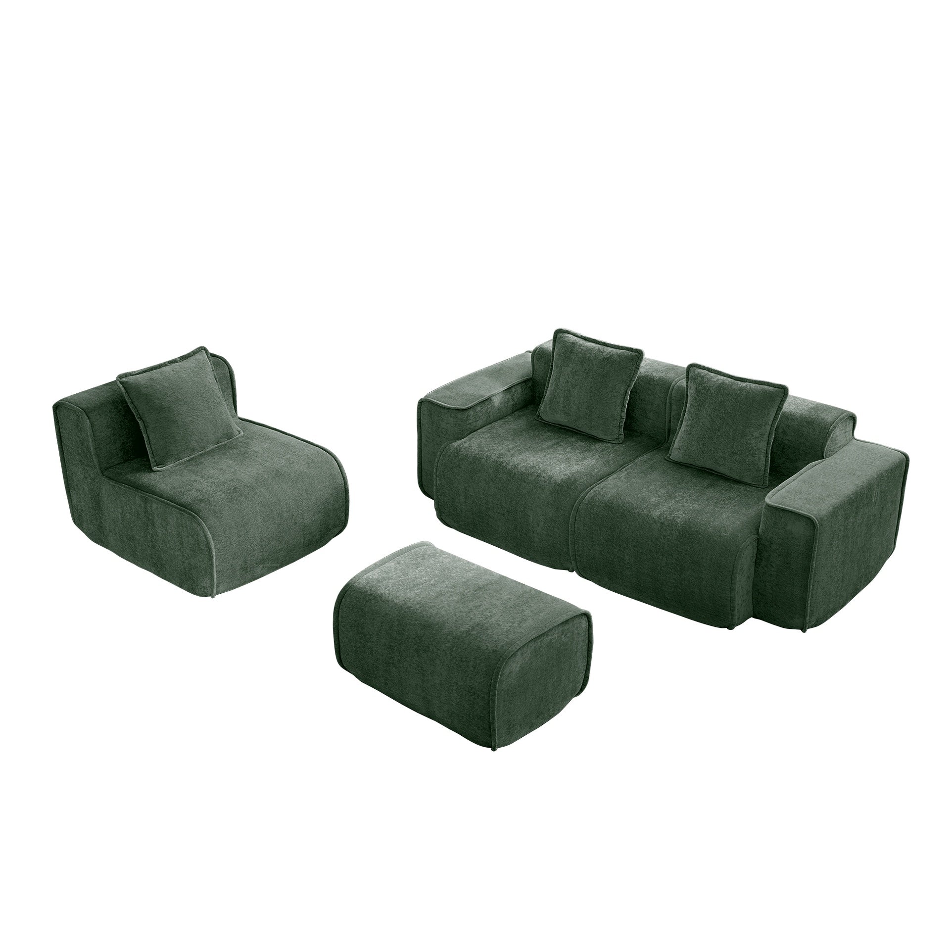 Streamlined Design Modular 3 Seat L Shape Sectional Boneless Sofa with French Edge Piping, No Assembly Required, 3-Seat Sofa Couch with Throw Pillows and 1 Movable Ottoman, Velvet Fabric Green