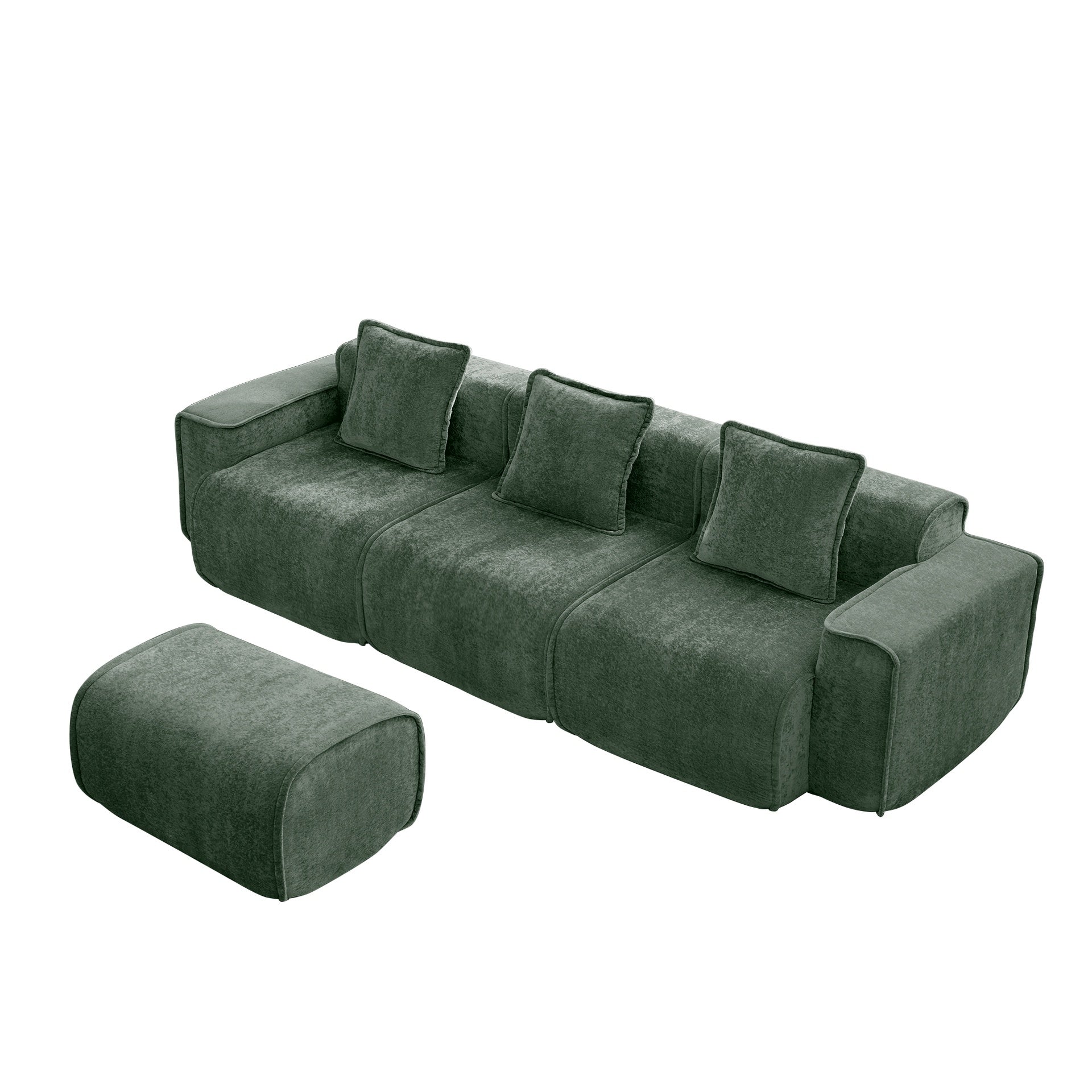 Streamlined Design Modular 3 Seat L Shape Sectional Boneless Sofa with French Edge Piping, No Assembly Required, 3-Seat Sofa Couch with Throw Pillows and 1 Movable Ottoman, Velvet Fabric Green