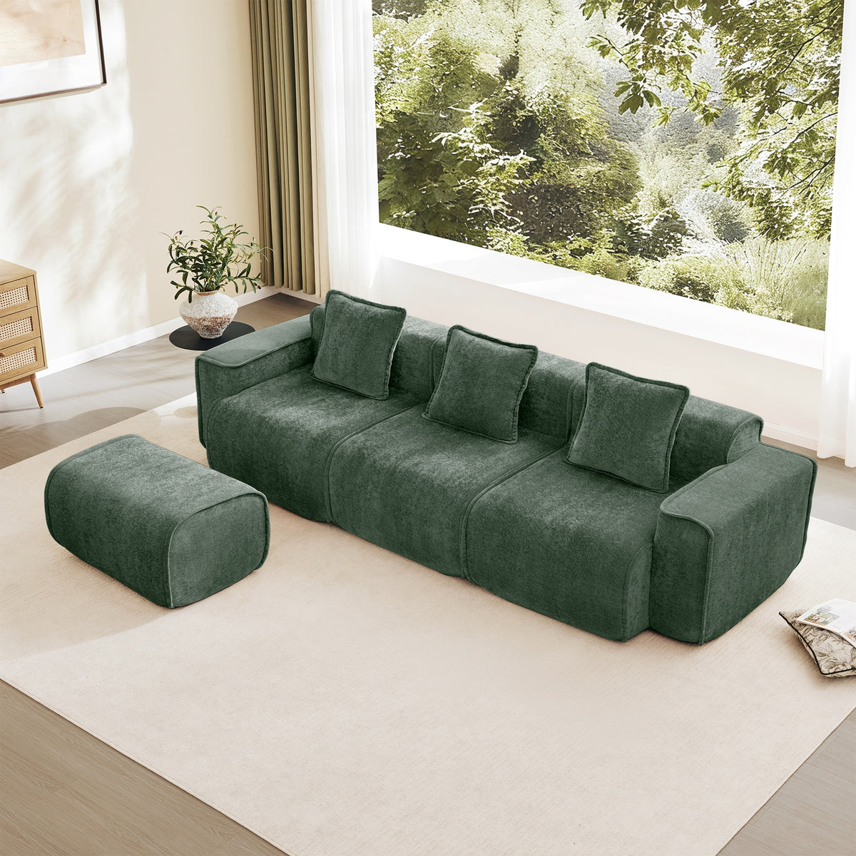 Streamlined Design Modular 3 Seat L Shape Sectional Boneless Sofa with French Edge Piping, No Assembly Required, 3-Seat Sofa Couch with Throw Pillows and 1 Movable Ottoman, Velvet Fabric Green