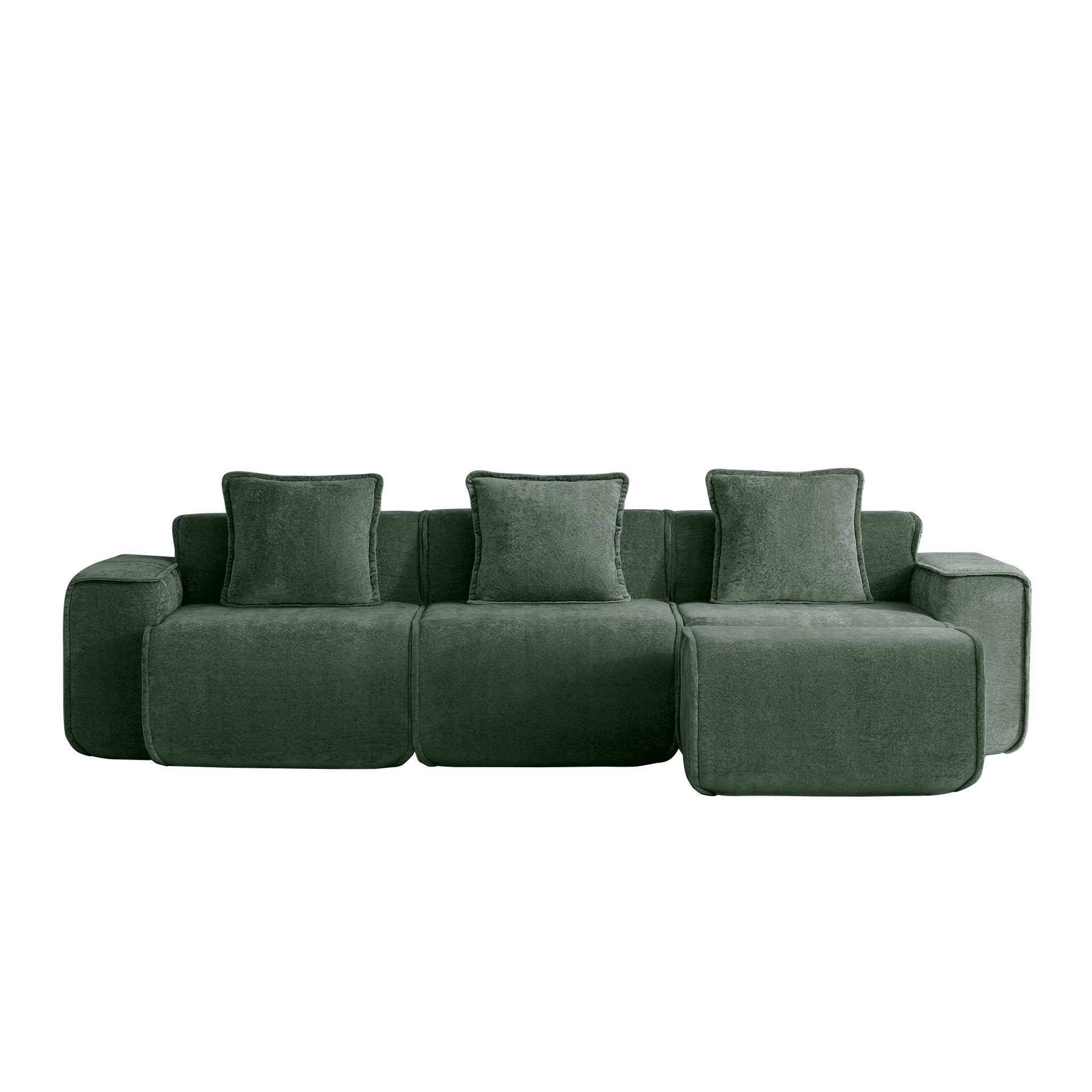 Streamlined Design Modular 3 Seat L Shape Sectional Boneless Sofa with French Edge Piping, No Assembly Required, 3-Seat Sofa Couch with Throw Pillows and 1 Movable Ottoman, Velvet Fabric Green