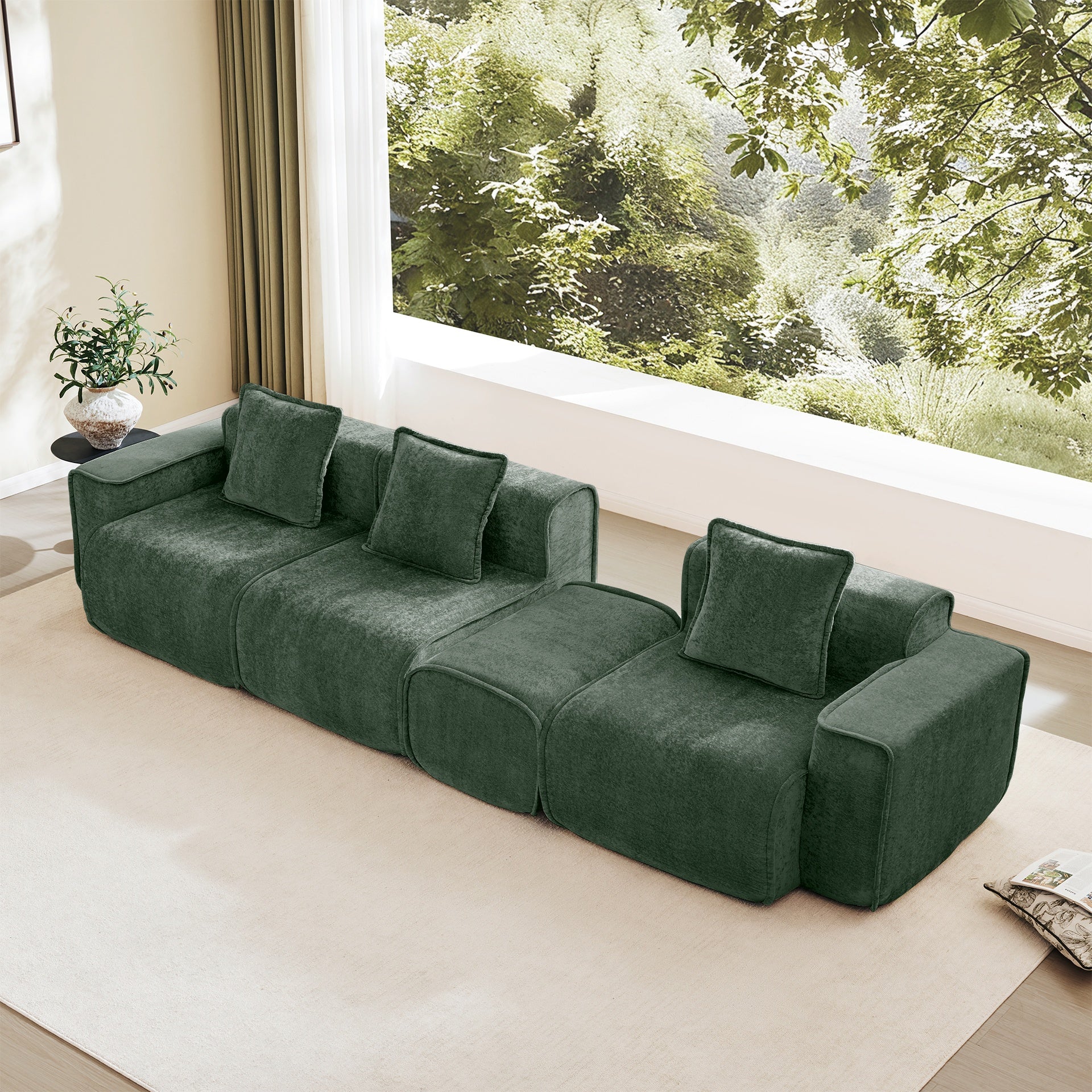 Streamlined Design Modular 3 Seat L Shape Sectional Boneless Sofa with French Edge Piping, No Assembly Required, 3-Seat Sofa Couch with Throw Pillows and 1 Movable Ottoman, Velvet Fabric Green