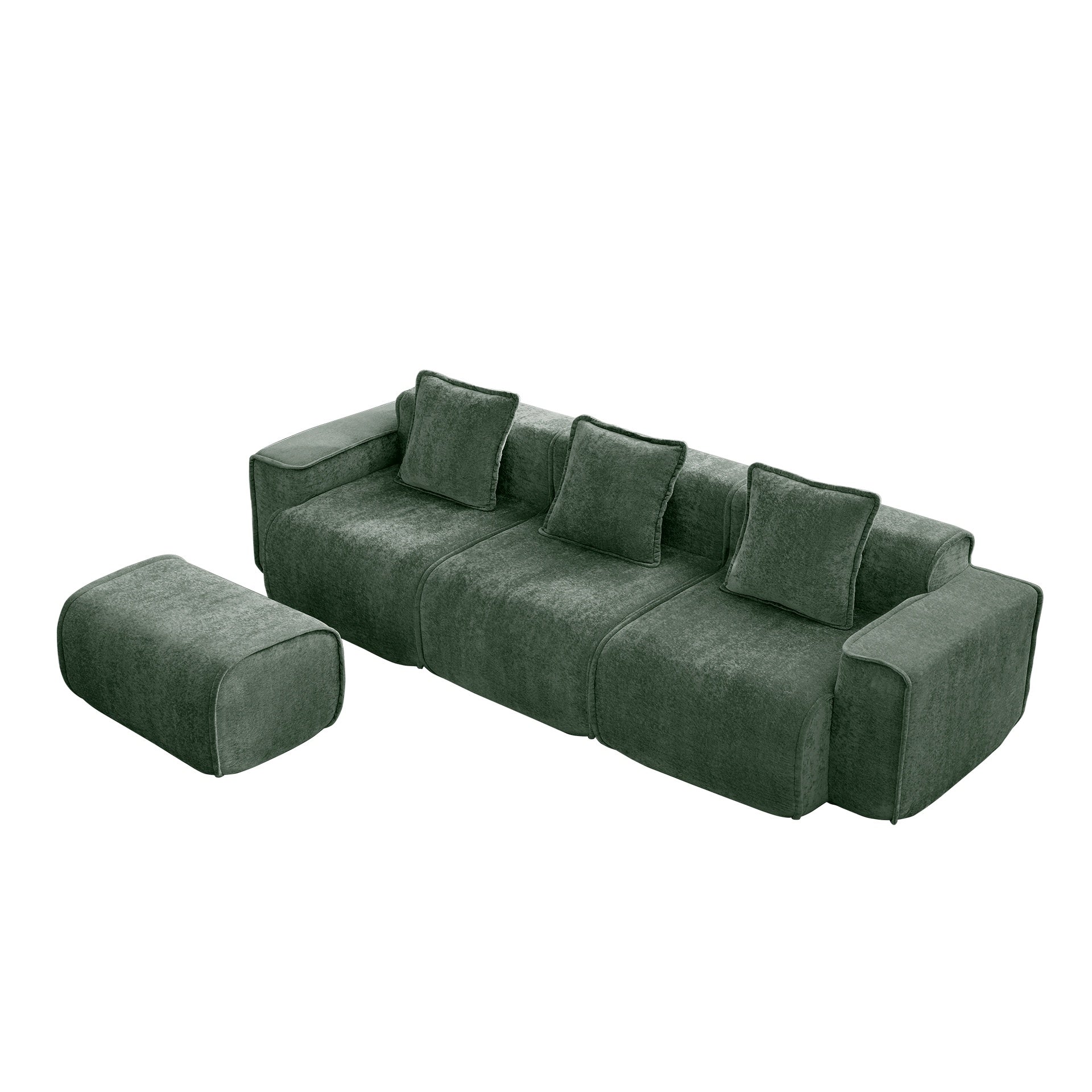 Streamlined Design Modular 3 Seat L Shape Sectional Boneless Sofa with French Edge Piping, No Assembly Required, 3-Seat Sofa Couch with Throw Pillows and 1 Movable Ottoman, Velvet Fabric Green
