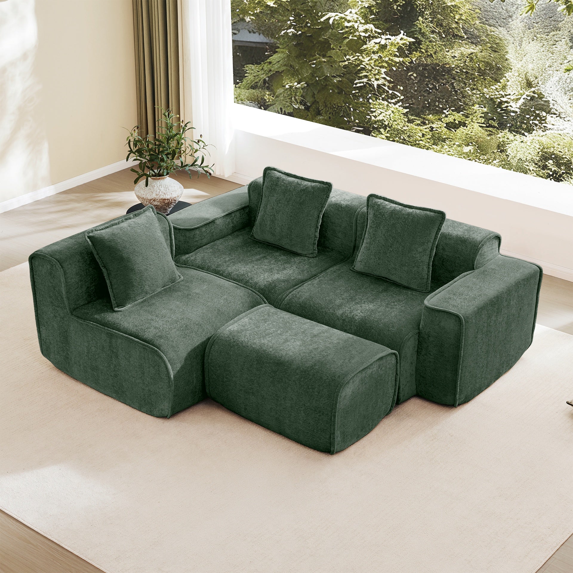 Streamlined Design Modular 3 Seat L Shape Sectional Boneless Sofa with French Edge Piping, No Assembly Required, 3-Seat Sofa Couch with Throw Pillows and 1 Movable Ottoman, Velvet Fabric Green