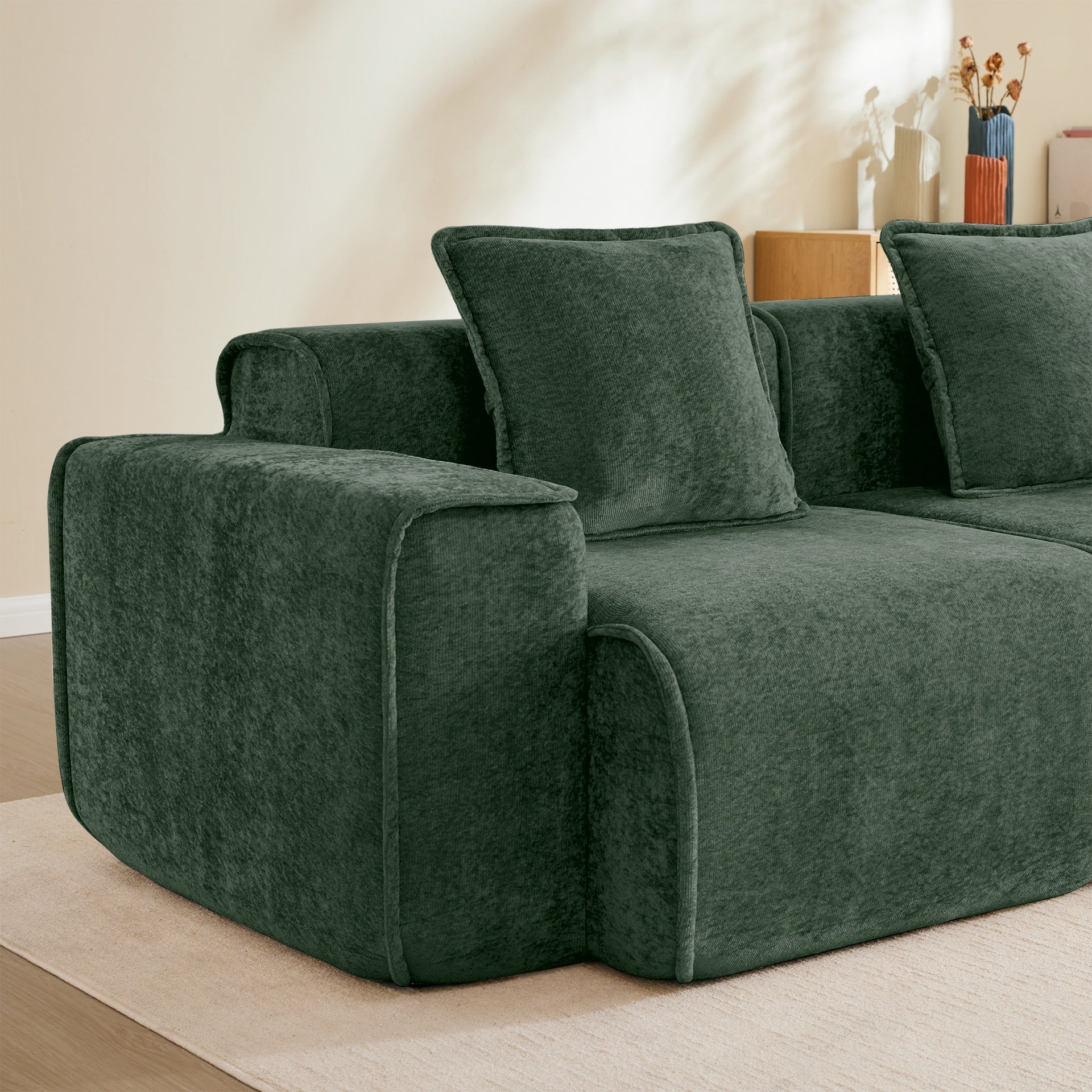 Streamlined Design Modular 3 Seat L Shape Sectional Boneless Sofa with French Edge Piping, No Assembly Required, 3-Seat Sofa Couch with Throw Pillows and 1 Movable Ottoman, Velvet Fabric Green