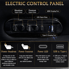 68.9"Power Recliner 2 PC Made WithTop-Grain Nappa,Fully Adjustable Relaxation,Smart Charging,Dynamic RGB LED Lighting,BLACK