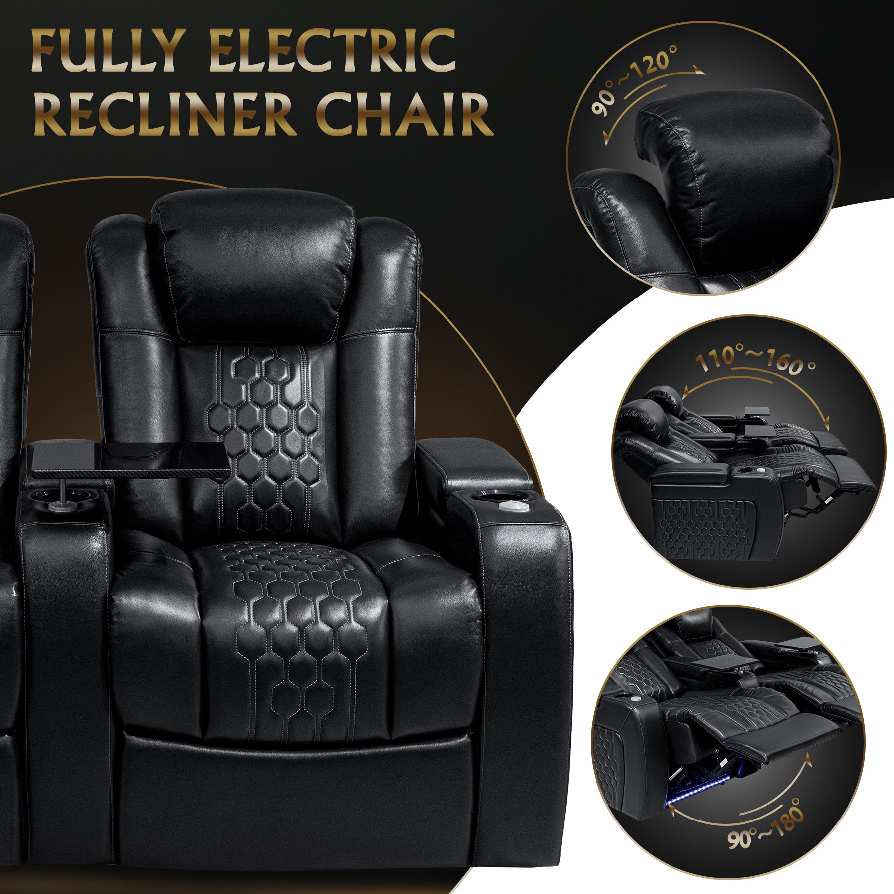 68.9"Power Recliner 2 PC Made WithTop-Grain Nappa,Fully Adjustable Relaxation,Smart Charging,Dynamic RGB LED Lighting,BLACK