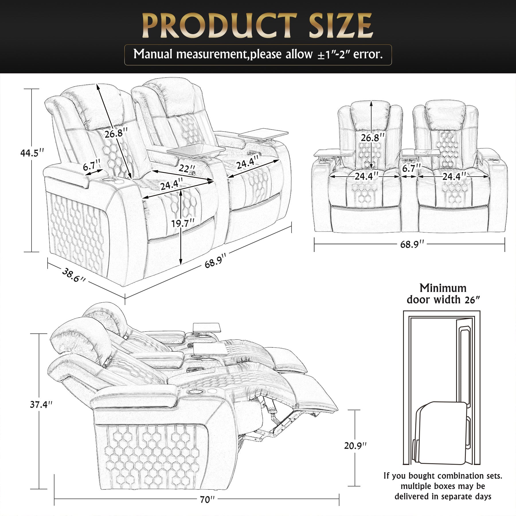 68.9"Power Recliner 2 PC Made WithTop-Grain Nappa,Fully Adjustable Relaxation,Smart Charging,Dynamic RGB LED Lighting,BLACK