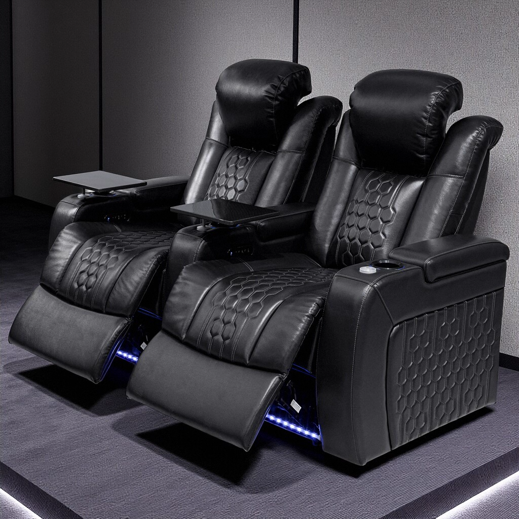 68.9"Power Recliner 2 PC Made WithTop-Grain Nappa,Fully Adjustable Relaxation,Smart Charging,Dynamic RGB LED Lighting,BLACK