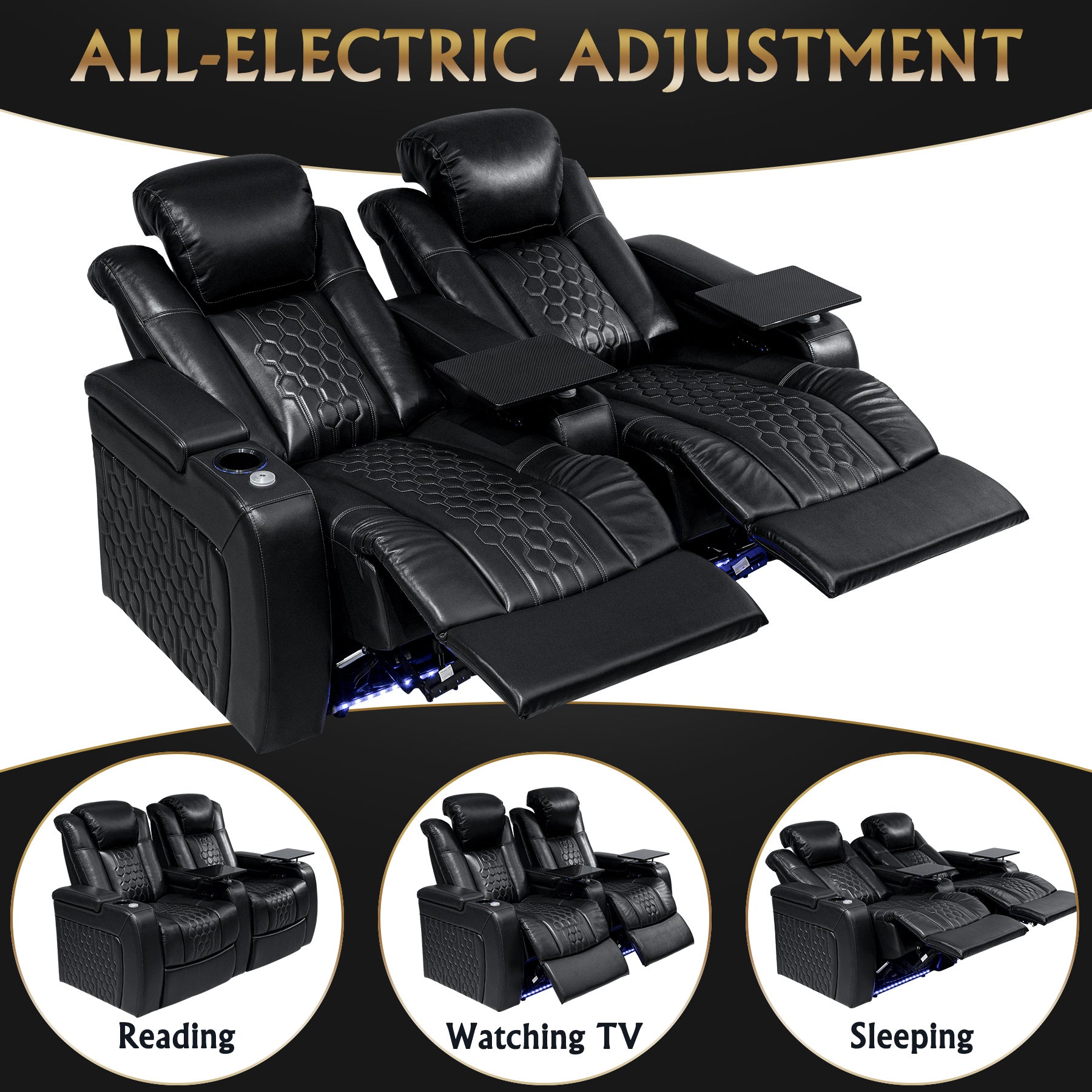 68.9"Power Recliner 2 PC Made WithTop-Grain Nappa,Fully Adjustable Relaxation,Smart Charging,Dynamic RGB LED Lighting,BLACK