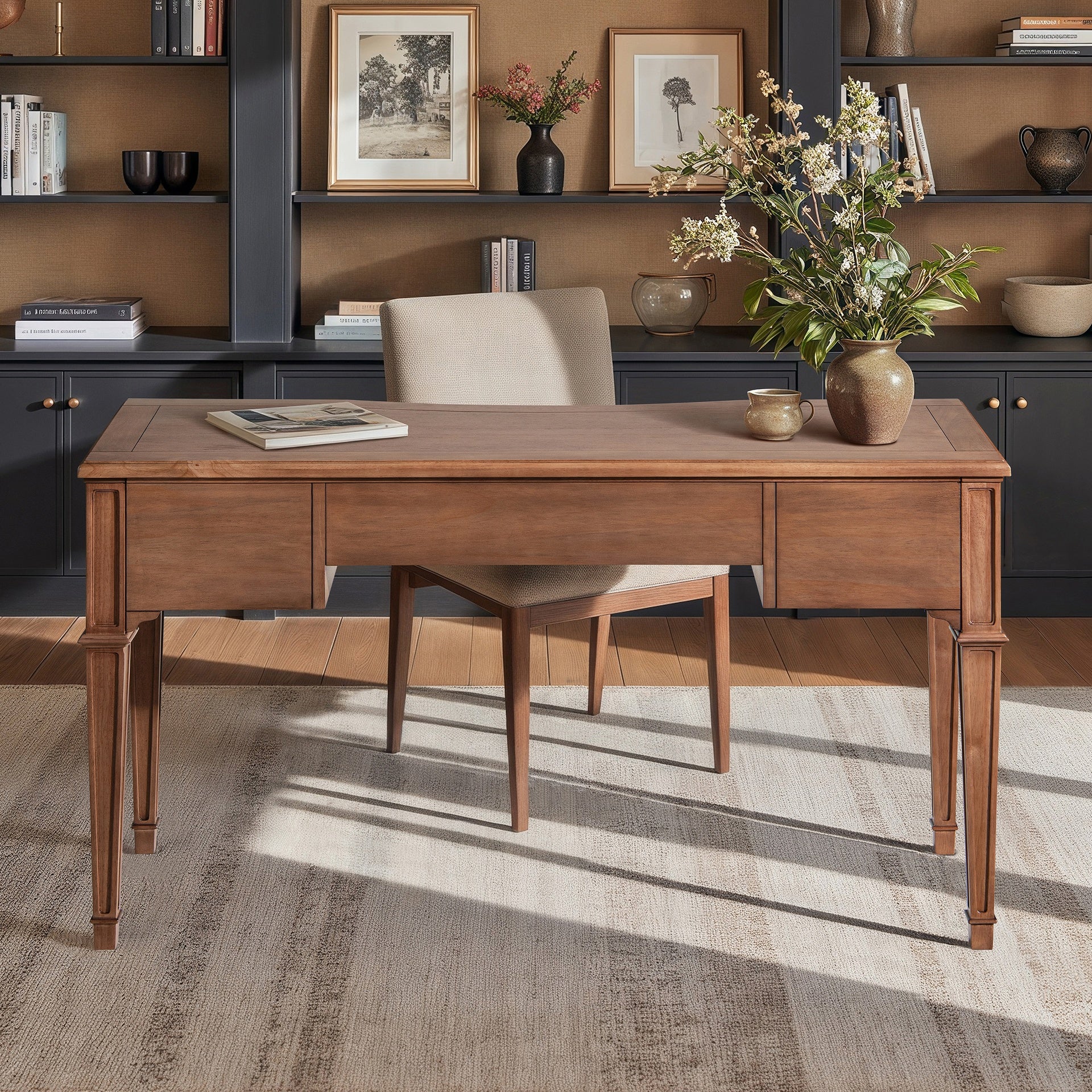 Dauphin 55" 3-Drawer Wood Executive Desk Brown Rubber Wood & Veneer