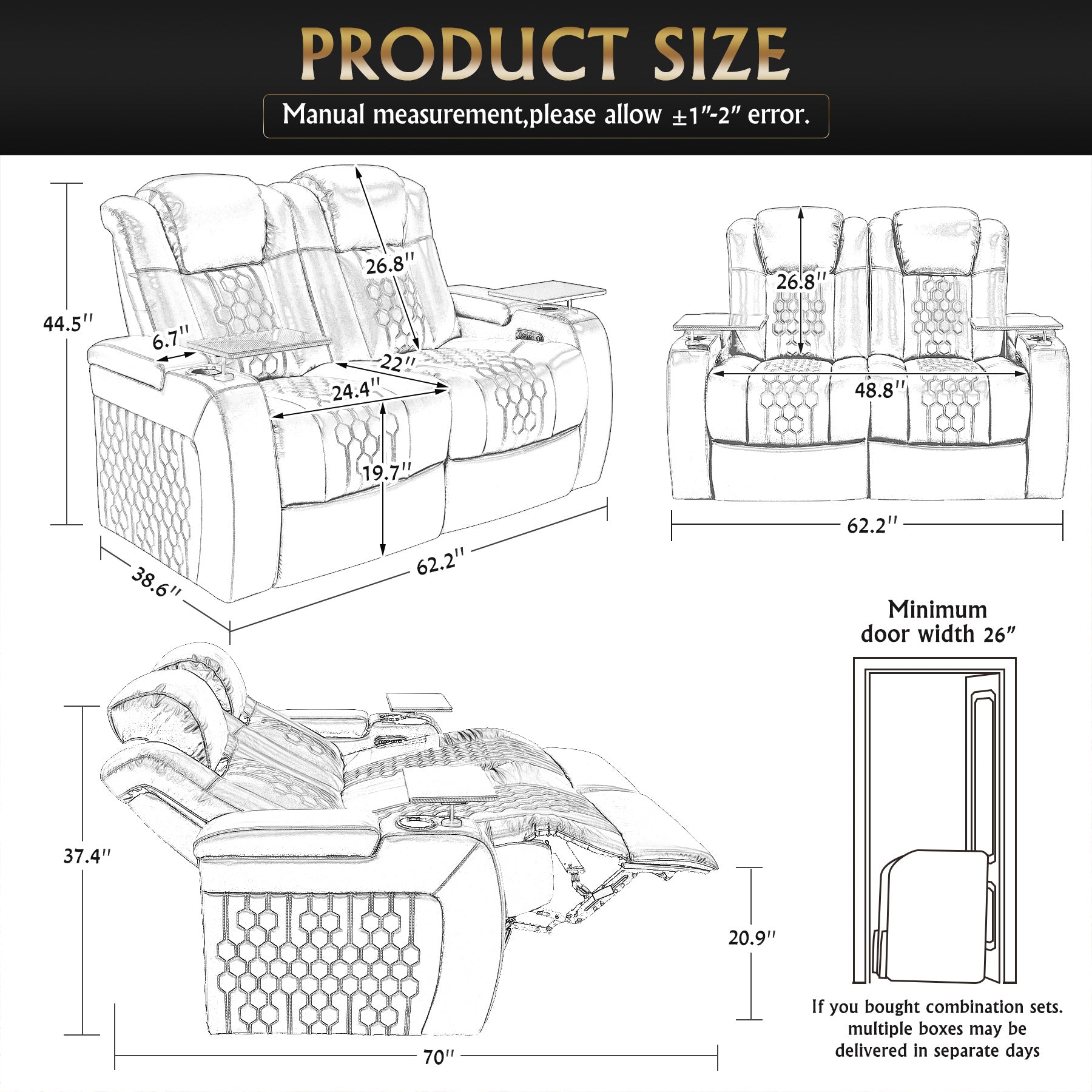 62.2"Power Recliner 2 PC Made WithTop-Grain Nappa,Fully Adjustable Relaxation,Smart Charging,Dynamic RGB LED Lighting,COFFEE