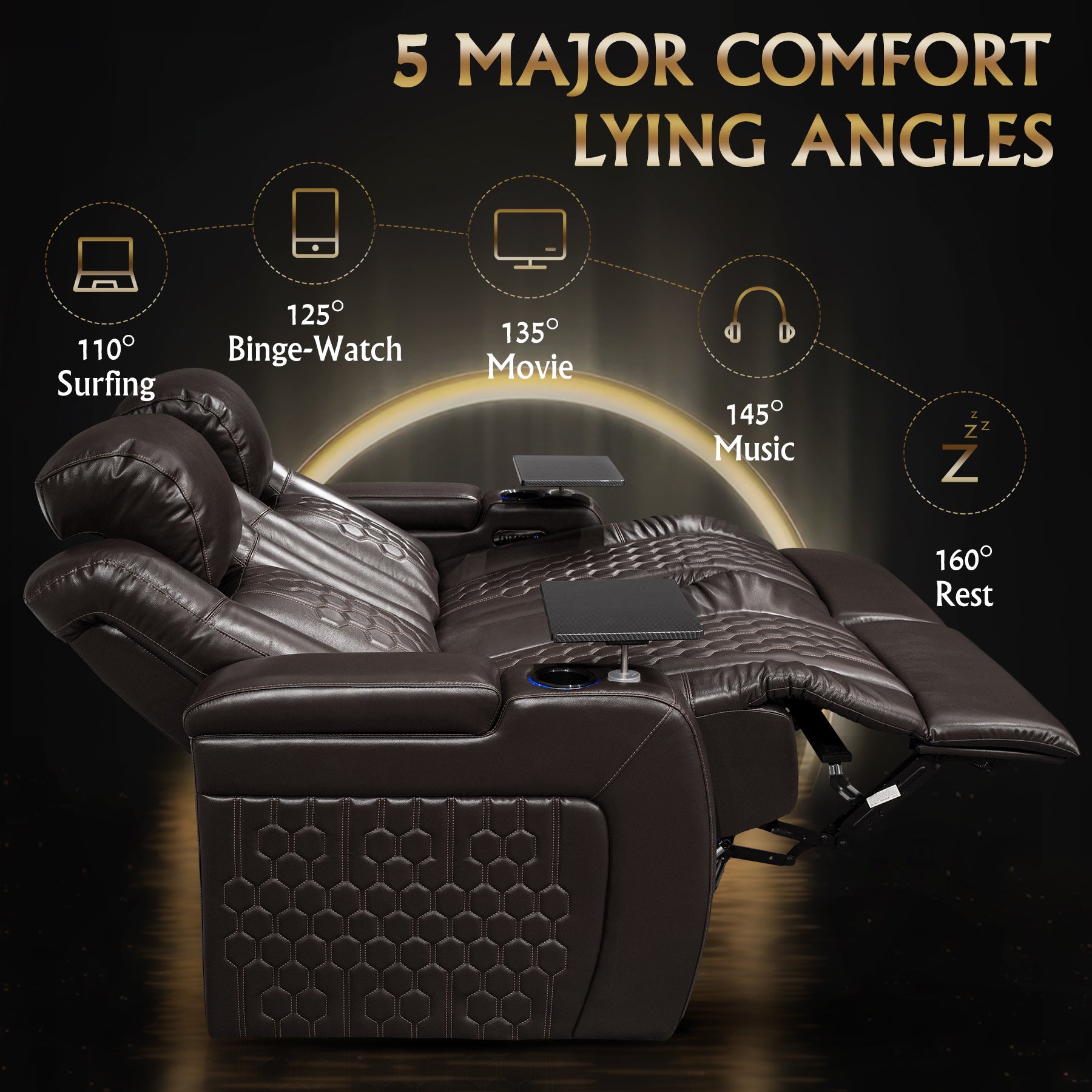 62.2"Power Recliner 2 PC Made WithTop-Grain Nappa,Fully Adjustable Relaxation,Smart Charging,Dynamic RGB LED Lighting,COFFEE
