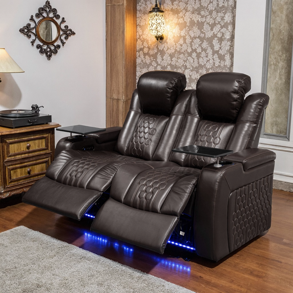 62.2"Power Recliner 2 PC Made WithTop-Grain Nappa,Fully Adjustable Relaxation,Smart Charging,Dynamic RGB LED Lighting,COFFEE