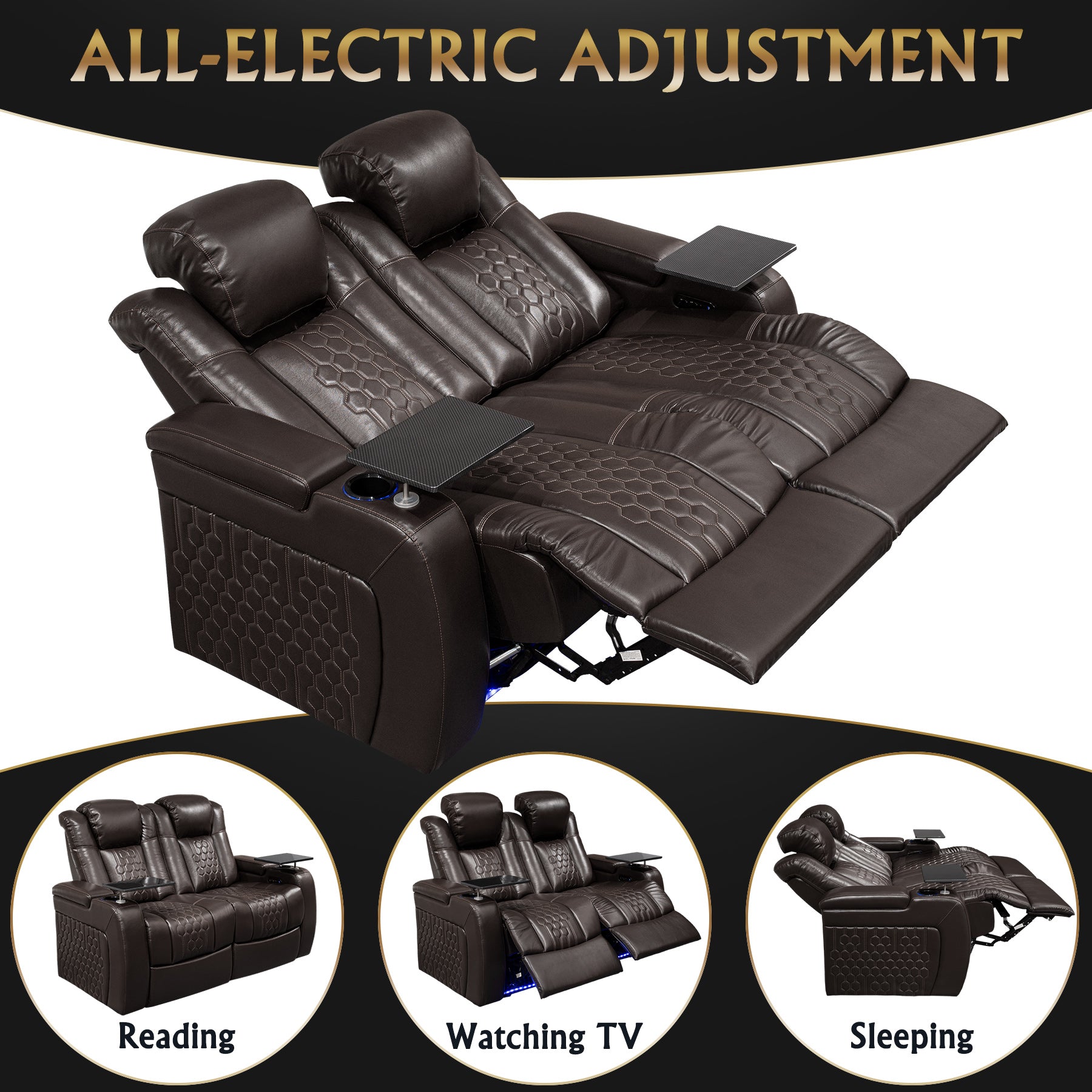 62.2"Power Recliner 2 PC Made WithTop-Grain Nappa,Fully Adjustable Relaxation,Smart Charging,Dynamic RGB LED Lighting,COFFEE