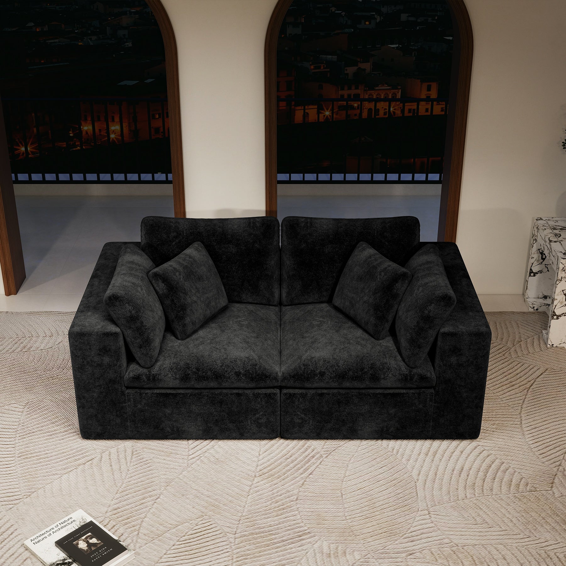 78.8*39.4"Modular sectional sofa seat,Upholstered compressed couch for living room,Bedroom,Apartment,No assembly required,2PC free combination,Plush corduroy fabric,BLACK