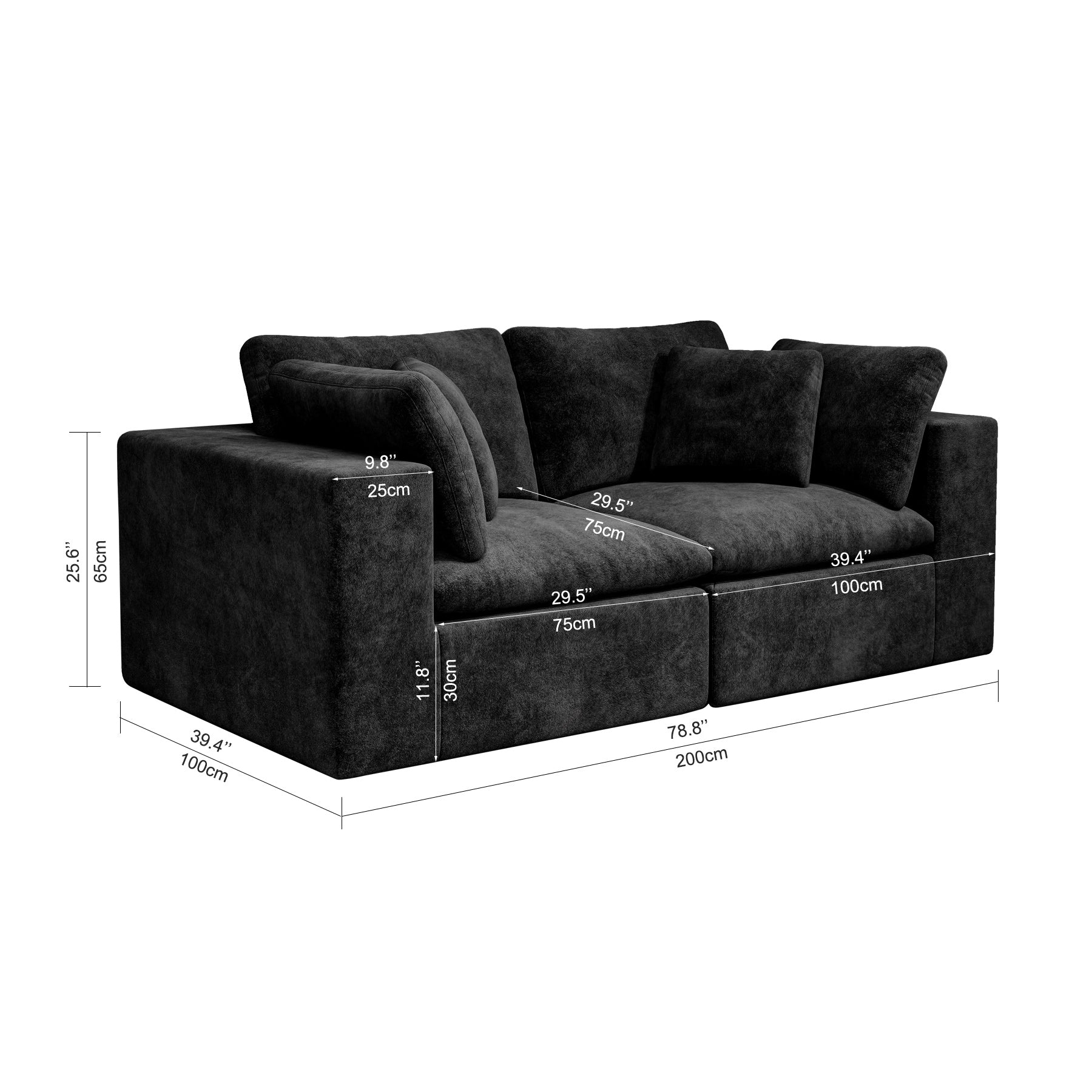 78.8*39.4"Modular sectional sofa seat,Upholstered compressed couch for living room,Bedroom,Apartment,No assembly required,2PC free combination,Plush corduroy fabric,BLACK