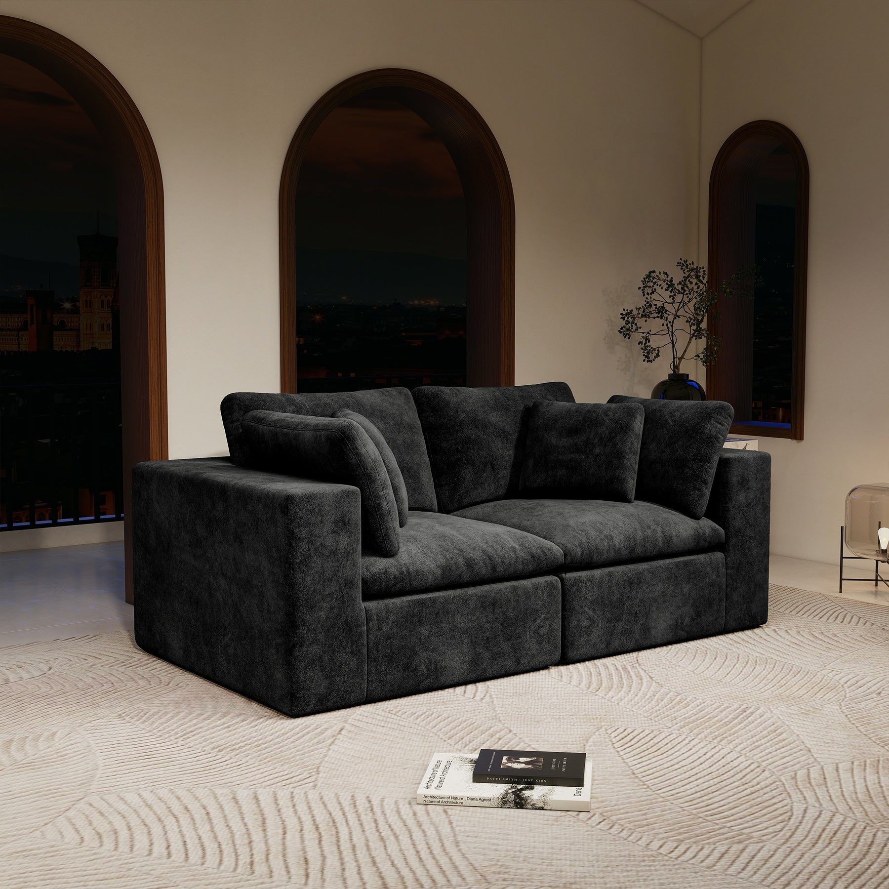 78.8*39.4"Modular sectional sofa seat,Upholstered compressed couch for living room,Bedroom,Apartment,No assembly required,2PC free combination,Plush corduroy fabric,BLACK