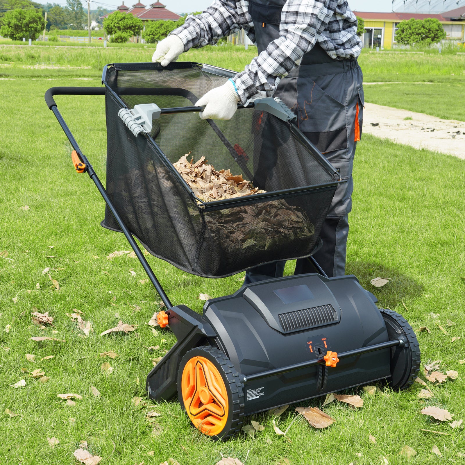 Push Lawn Sweeper, 21-inch Leaf & Grass Collector, Strong Rubber Wheels & Heavy Duty Thickened Steel Durable to Use with Large Capacity 3.5 cu. ft. Mesh Collection Hopper Bag, 2 Spinning Brushes