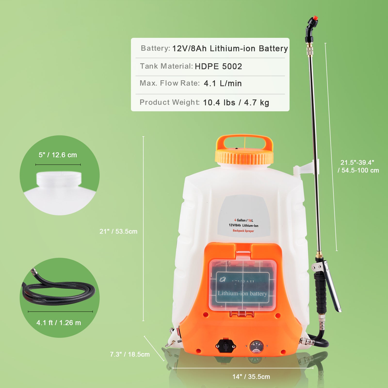 Battery Powered Backpack Sprayer 4 Gal Tank 0-90 PSI Adjustable Pressure