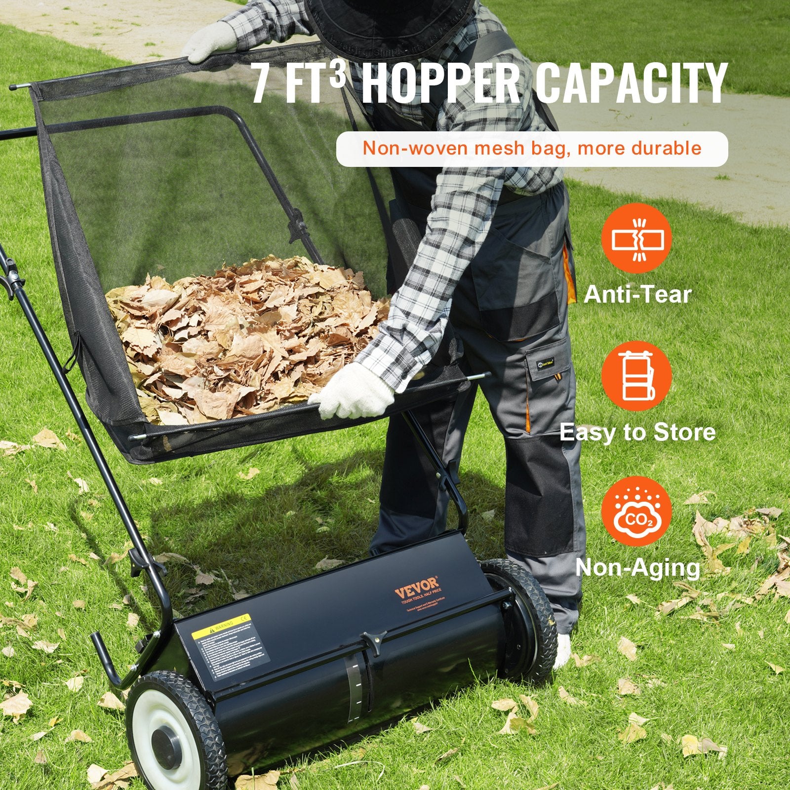 Push Lawn Sweeper, 26 Inch Leaf & Grass Collector, Strong Rubber Wheels & Heavy Duty Thickened Steel Durable to Use with Large Capacity 7 ft³ Mesh Collection Bag, 4 Spinning Brushes