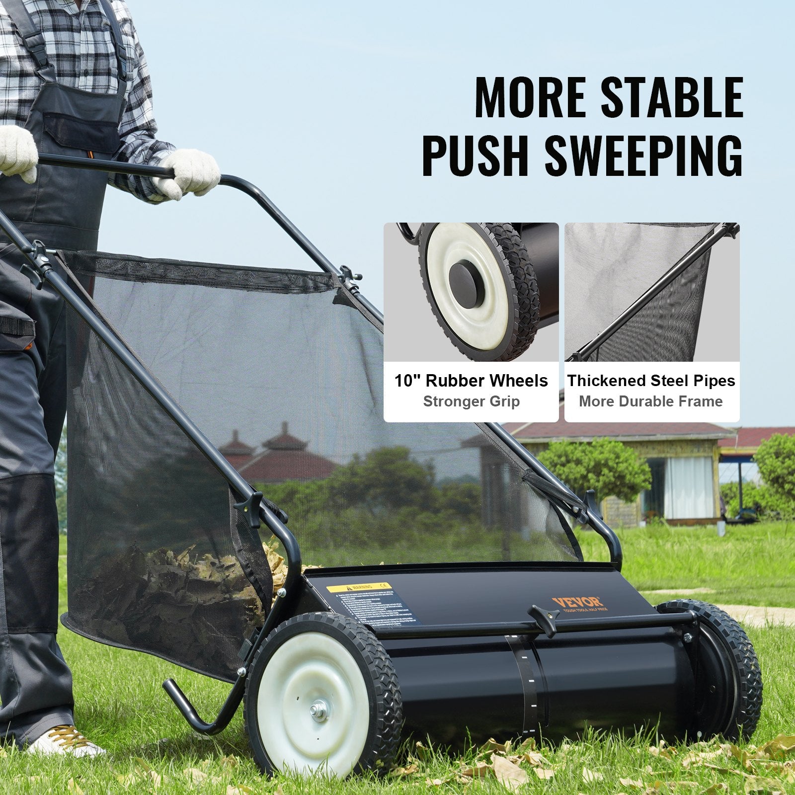 Push Lawn Sweeper, 26 Inch Leaf & Grass Collector, Strong Rubber Wheels & Heavy Duty Thickened Steel Durable to Use with Large Capacity 7 ft³ Mesh Collection Bag, 4 Spinning Brushes