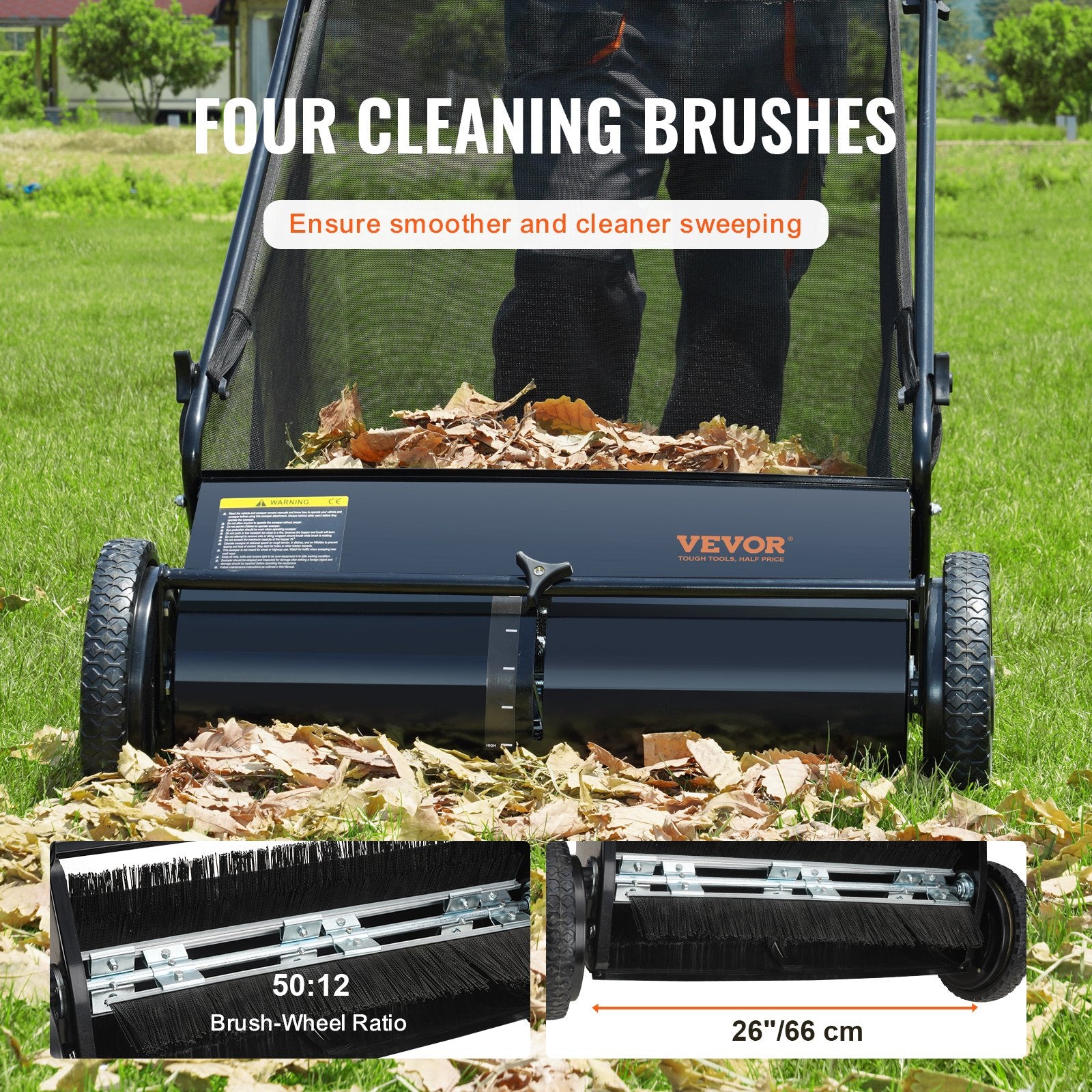 Push Lawn Sweeper, 26 Inch Leaf & Grass Collector, Strong Rubber Wheels & Heavy Duty Thickened Steel Durable to Use with Large Capacity 7 ft³ Mesh Collection Bag, 4 Spinning Brushes