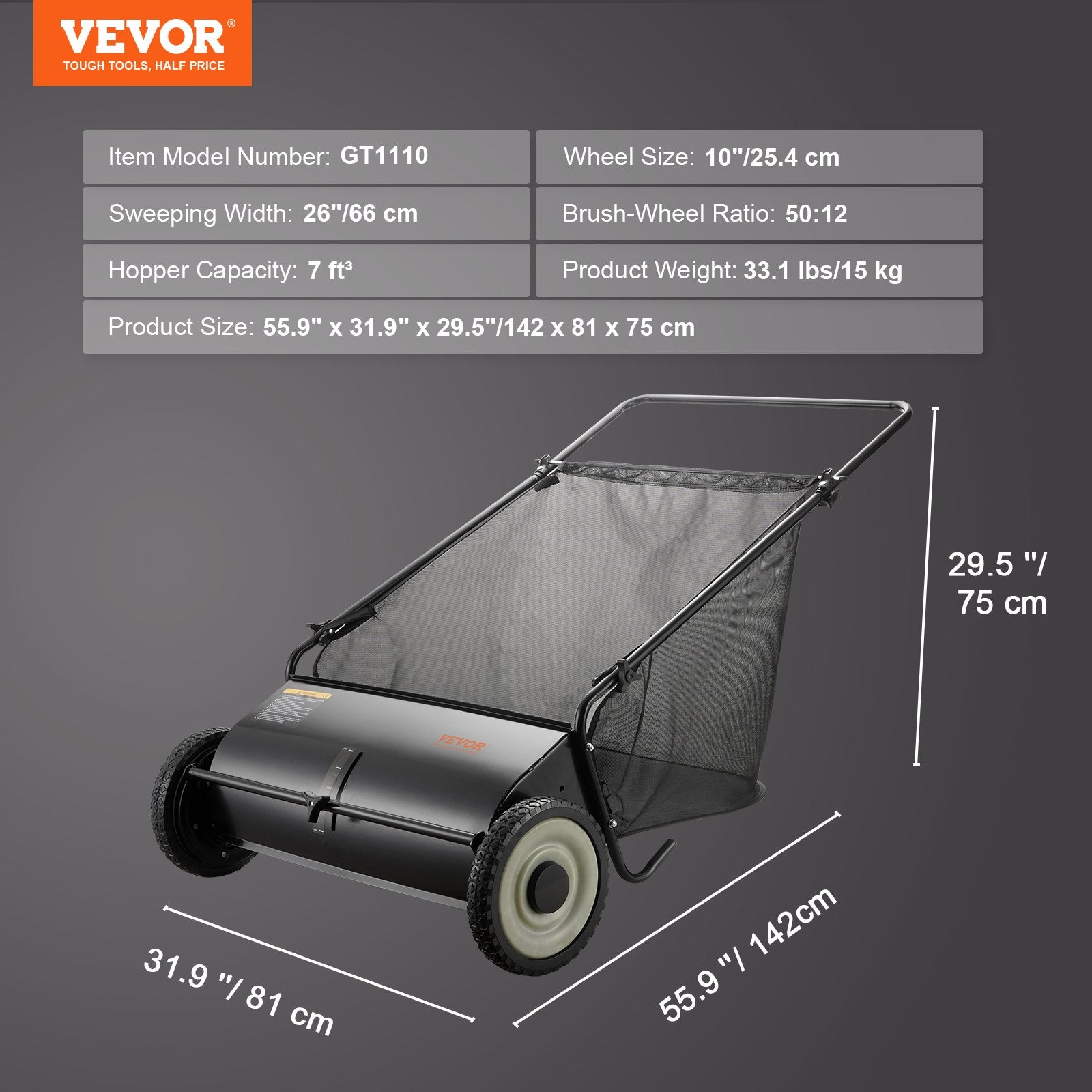 Push Lawn Sweeper, 26 Inch Leaf & Grass Collector, Strong Rubber Wheels & Heavy Duty Thickened Steel Durable to Use with Large Capacity 7 ft³ Mesh Collection Bag, 4 Spinning Brushes