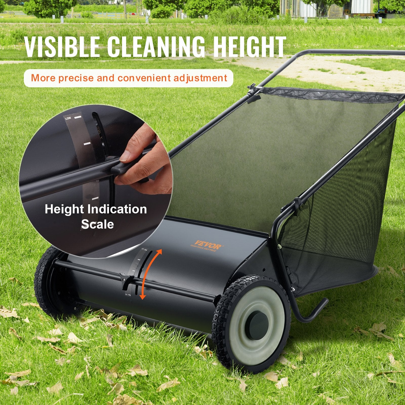 Push Lawn Sweeper, 26 Inch Leaf & Grass Collector, Strong Rubber Wheels & Heavy Duty Thickened Steel Durable to Use with Large Capacity 7 ft³ Mesh Collection Bag, 4 Spinning Brushes