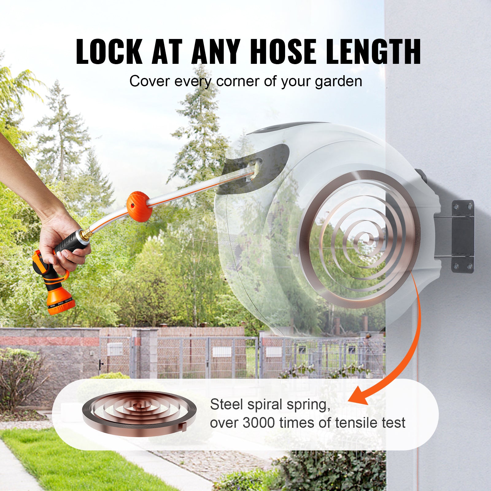 Retractable Hose Reel Water Hose Reel 100'x1/2" 180° Swivel Wall-Mounted,Garden Water Hose Reel with 9-Pattern Nozzle,Automatic Rewind, Lock at Any Length, with Slow Return System