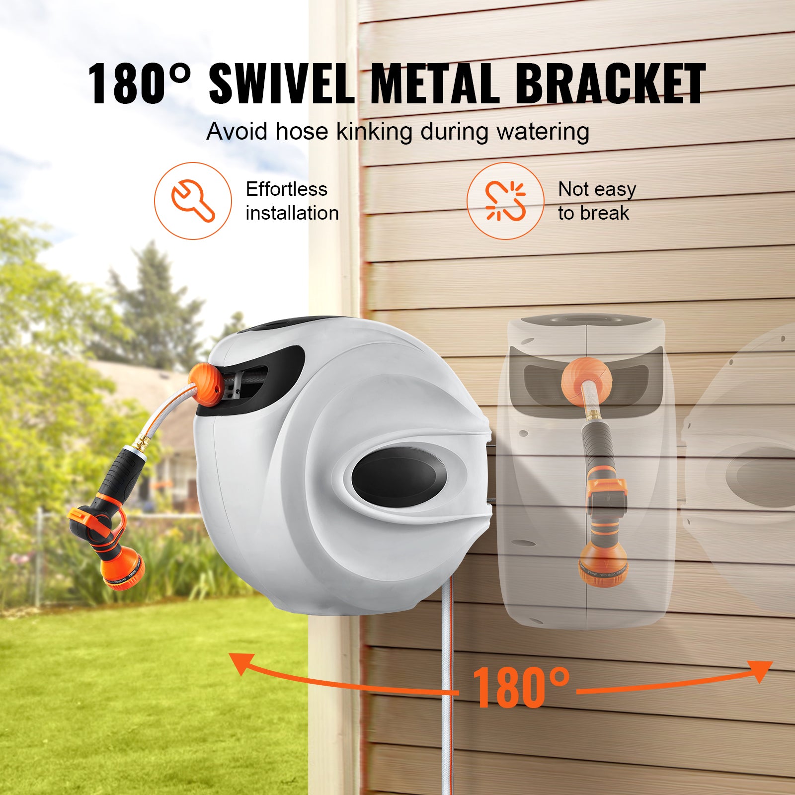 Retractable Hose Reel Water Hose Reel 100'x1/2" 180° Swivel Wall-Mounted,Garden Water Hose Reel with 9-Pattern Nozzle,Automatic Rewind, Lock at Any Length, with Slow Return System