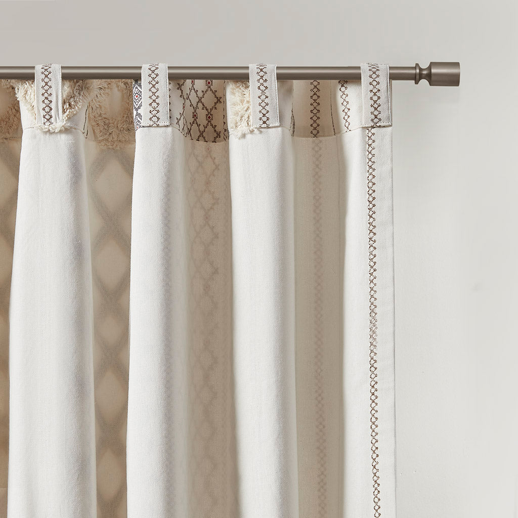 Cotton Printed Curtain Panel with Chenille Stripe and Lining Ivory 50x84 inch