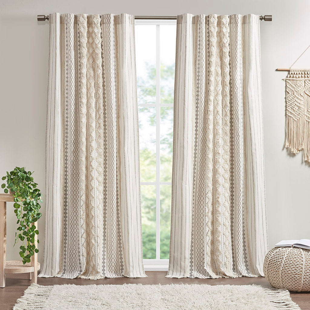 Cotton Printed Curtain Panel with Chenille Stripe and Lining Ivory 50x84 inch
