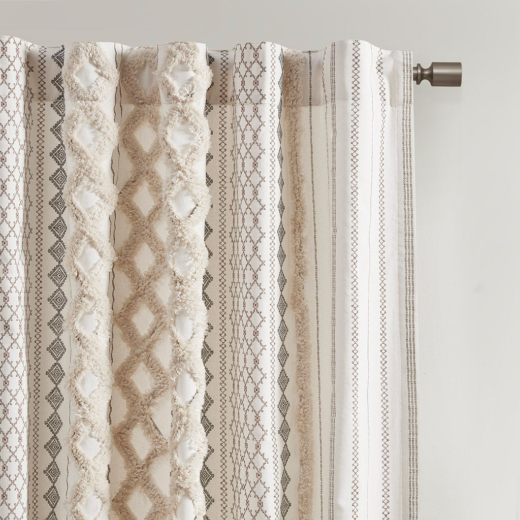 Cotton Printed Curtain Panel with Chenille Stripe and Lining Ivory 50x84 inch
