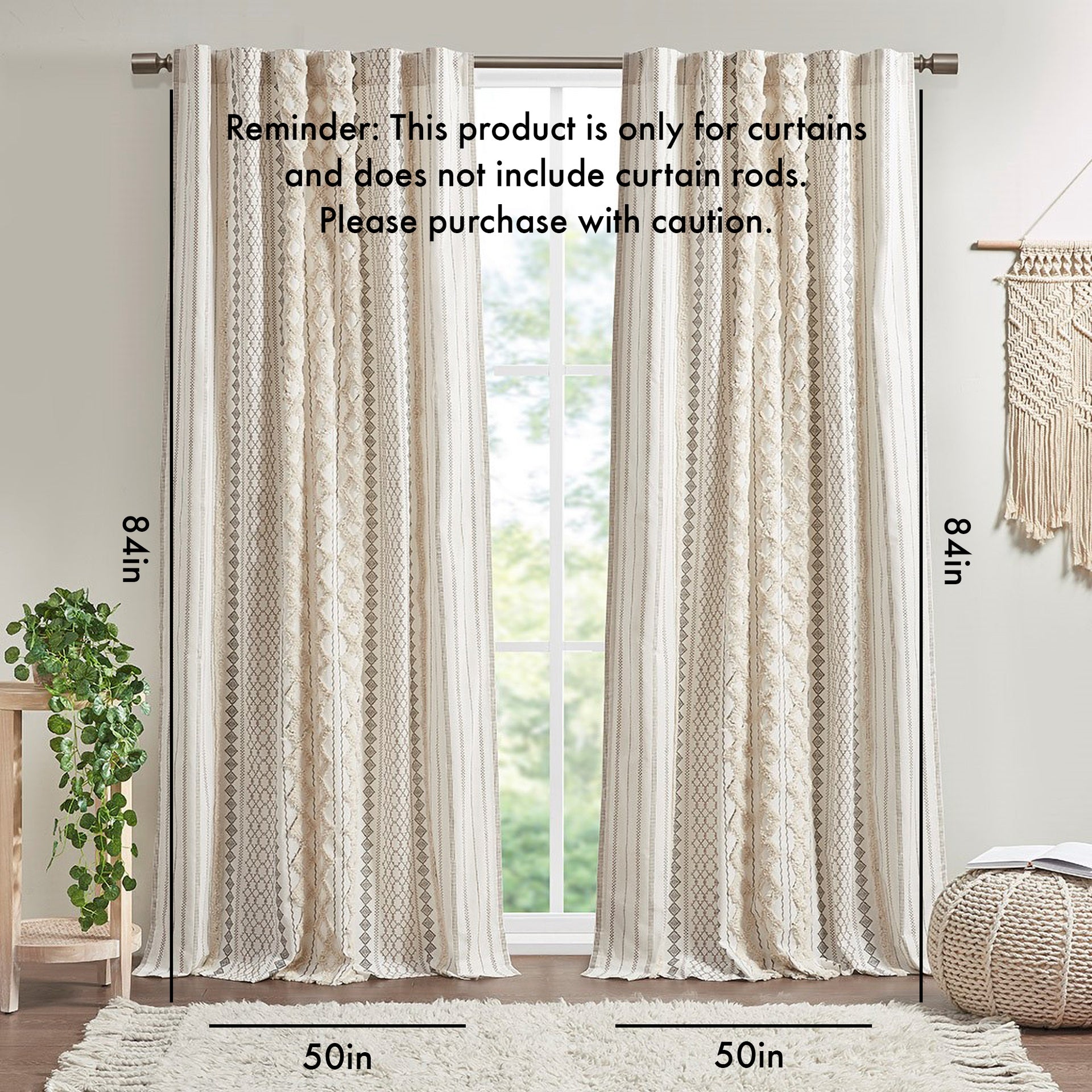 Cotton Printed Curtain Panel with Chenille Stripe and Lining Ivory 50x84 inch