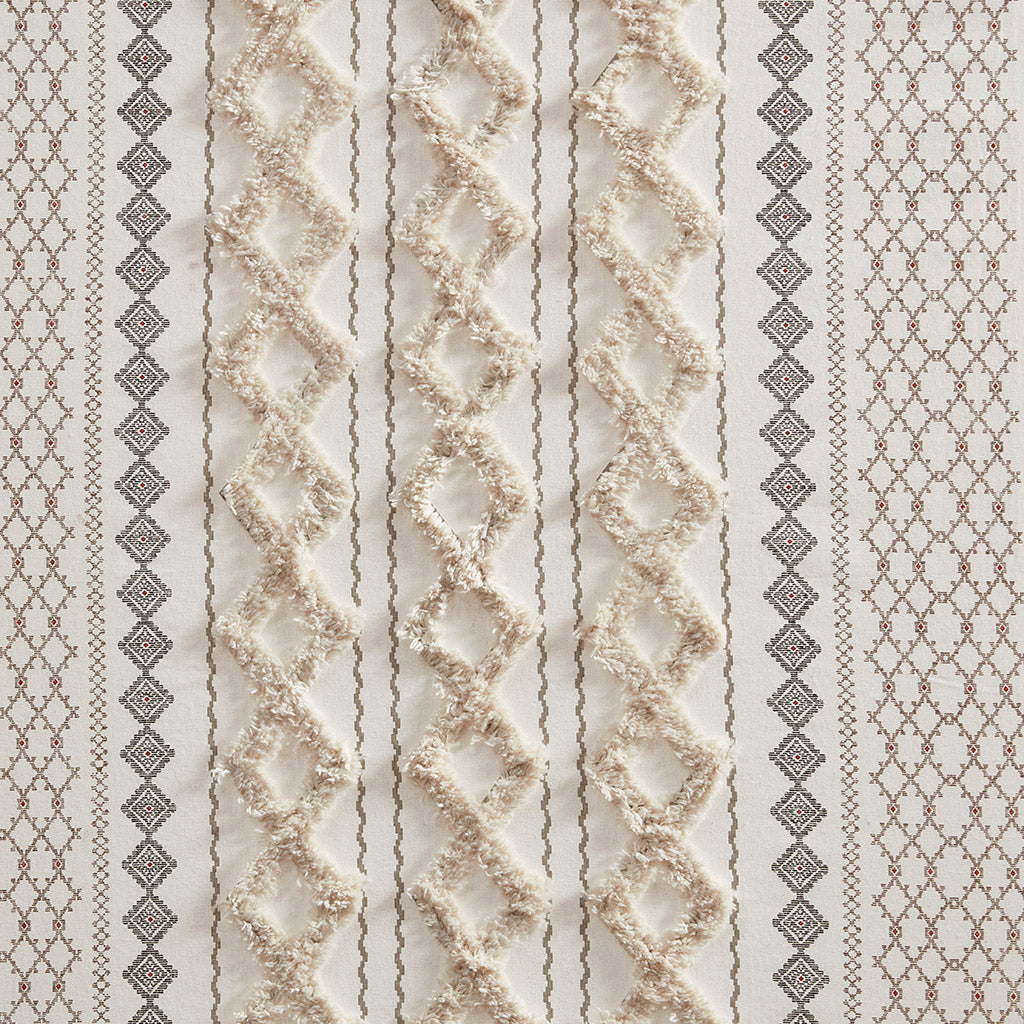 Cotton Printed Curtain Panel with Chenille Stripe and Lining Ivory 50x84 inch