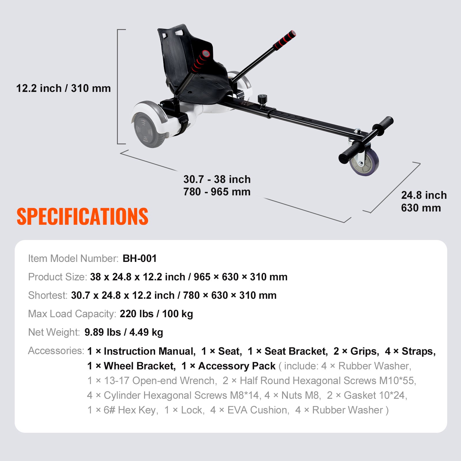 Hoverboard Seat Attachment, Compatible with All 6.5" 8" 8.5" 10" Hoverboards, Grips Control, Adjustable Frame Length and 220 LBS Load Capacity, Hover Board Go Karts Accessory, for Kids Adults