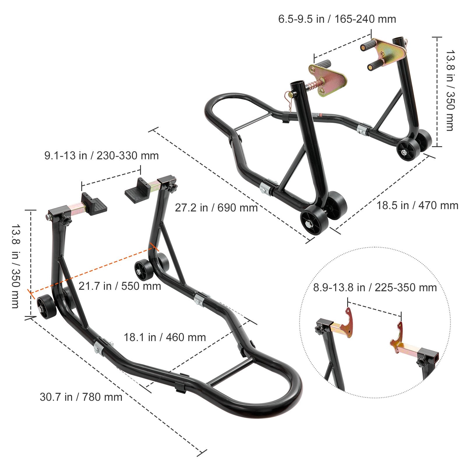 Motorcycle Stand Lift, 850lbs Front Rear Combo Stand Lift Stand, Front and Rear Wheel Fork Stand, U+L Fork Swingarm Spool, Compatible with Most Yamaha Honda Kawasaki Suzuki Motorcycles, Black
