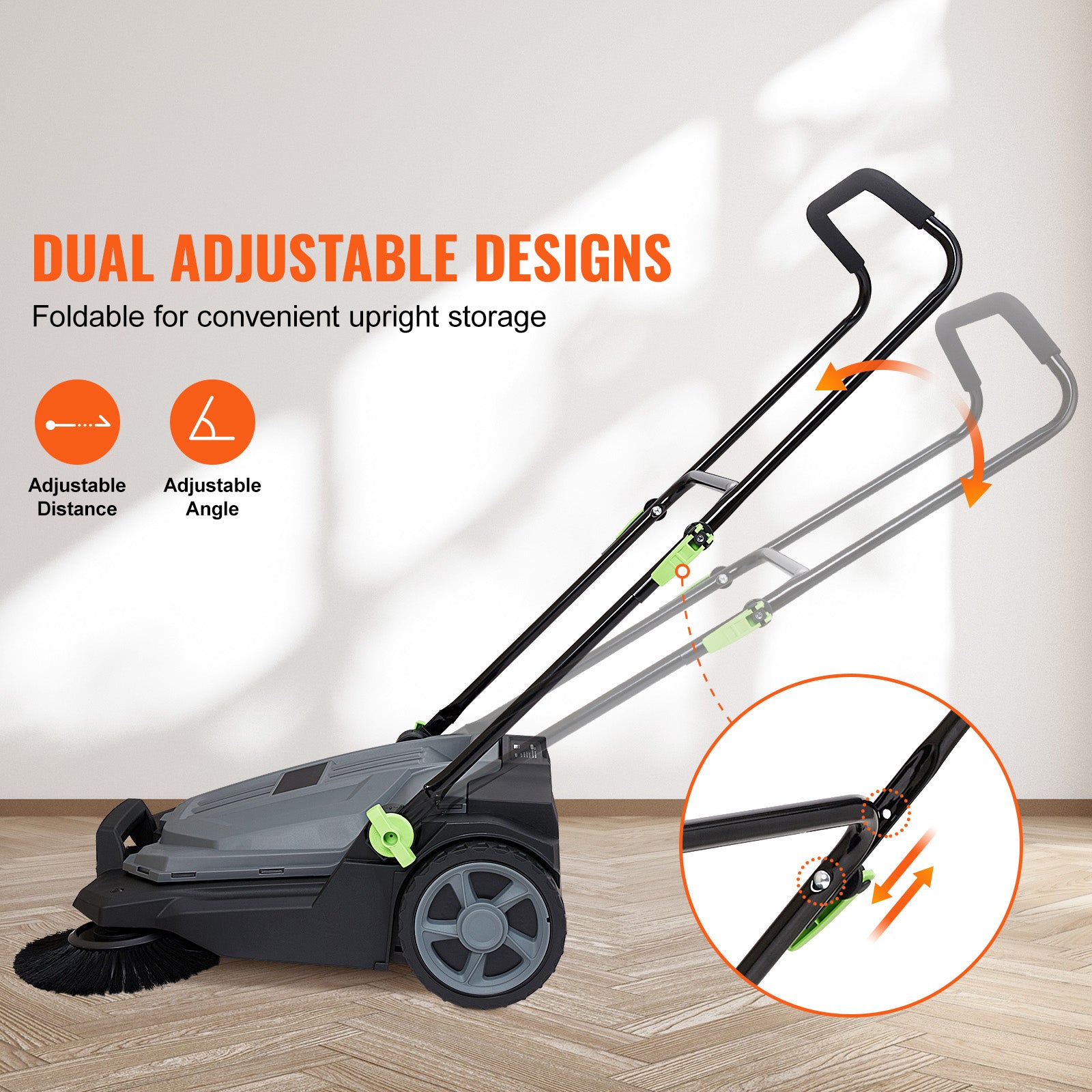 Walk-behind Hand Push Floor Sweeper, 25.6" Sweeping Width Floor Sweeper Manual Non-Electric, 5-Gallon Waste Container, Angle & Height Adjustable Folding Handle for Walkway, Yard, Garage, Patio