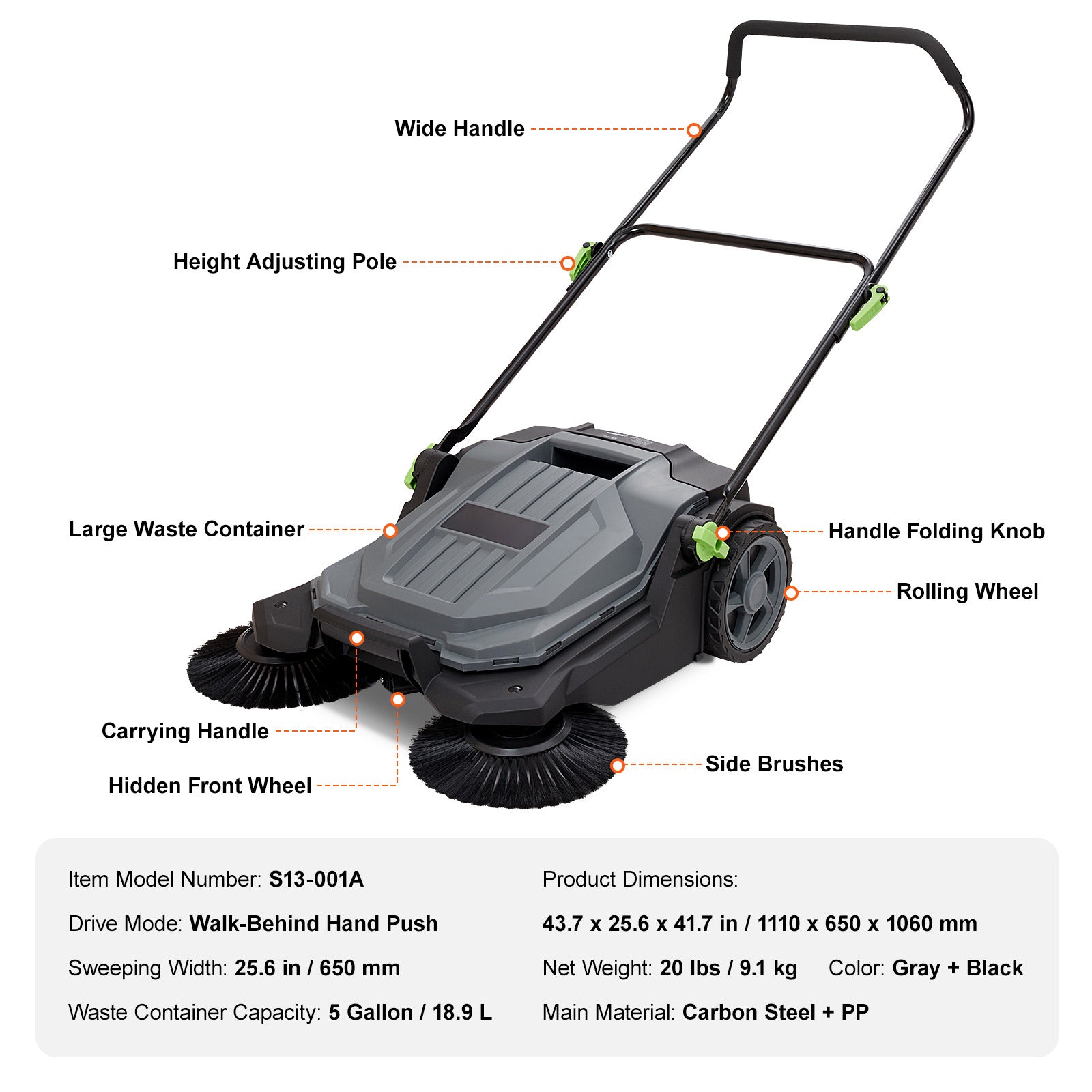 Walk-behind Hand Push Floor Sweeper, 25.6" Sweeping Width Floor Sweeper Manual Non-Electric, 5-Gallon Waste Container, Angle & Height Adjustable Folding Handle for Walkway, Yard, Garage, Patio