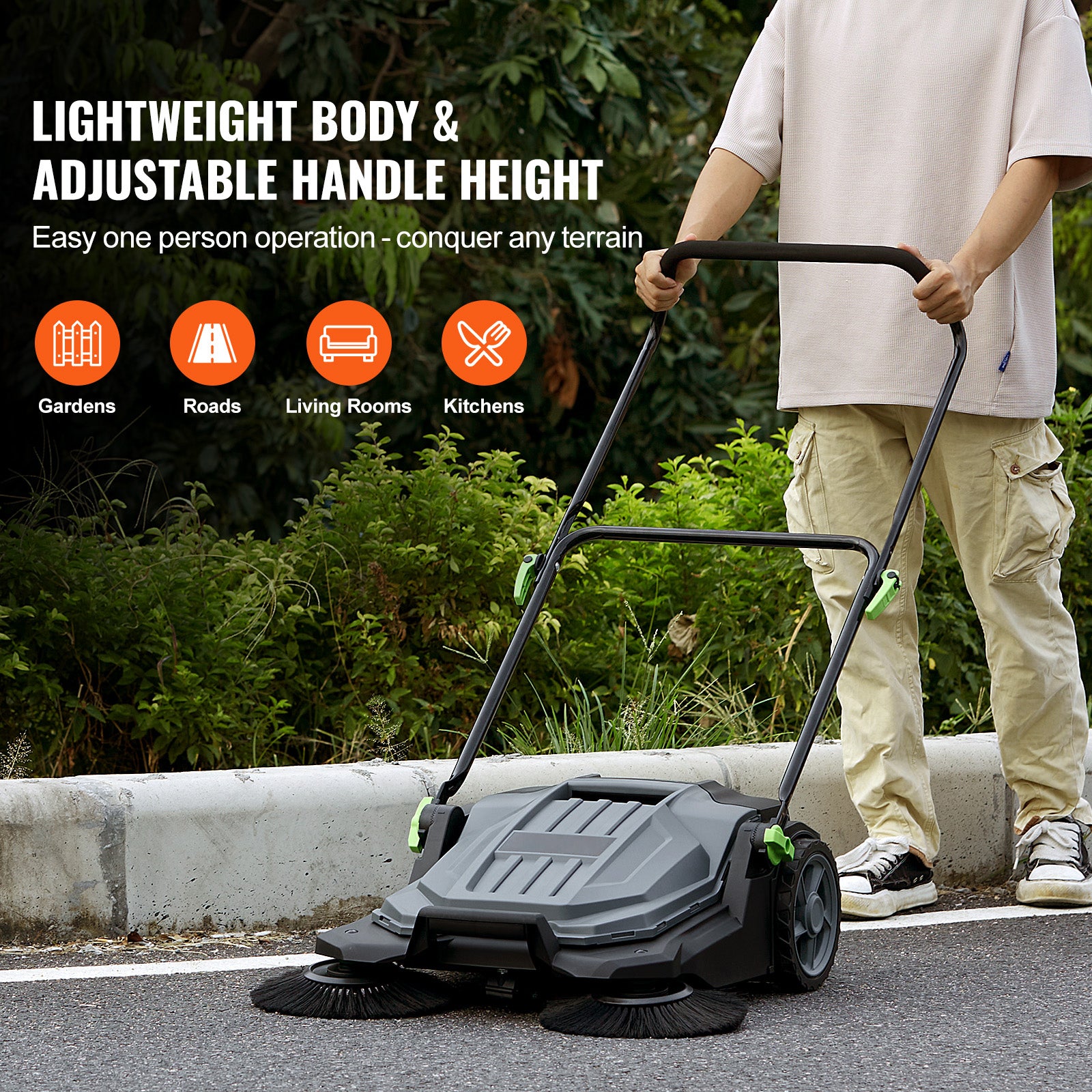 Walk-behind Hand Push Floor Sweeper, 25.6" Sweeping Width Floor Sweeper Manual Non-Electric, 5-Gallon Waste Container, Angle & Height Adjustable Folding Handle for Walkway, Yard, Garage, Patio