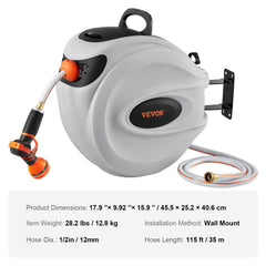 Retractable Hose Reel Water Hose Reel 115'x1/2" 180° Swivel Wall-Mounted