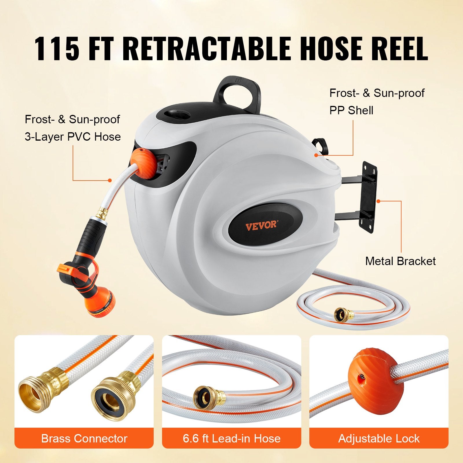 Retractable Hose Reel Water Hose Reel 115'x1/2" 180° Swivel Wall-Mounted