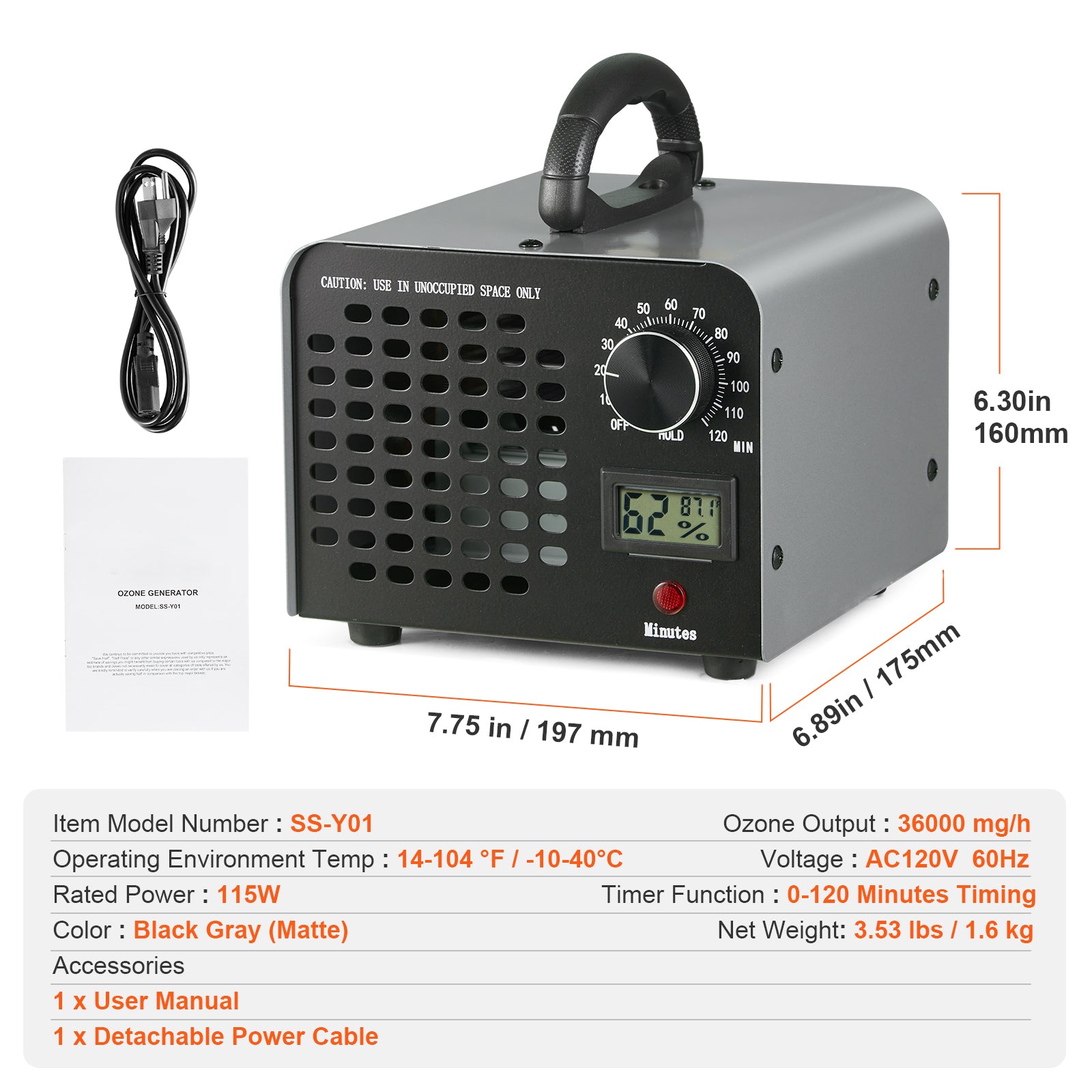 Ozone Generator, 36000mg/h Ozone Machine Odor Remover, High Capacity Commercial/Industrial Ozone Generator Machine, Home Air Ionizers Deodorizer with 0-120 min Time Setting for Rooms, Cars, Pets