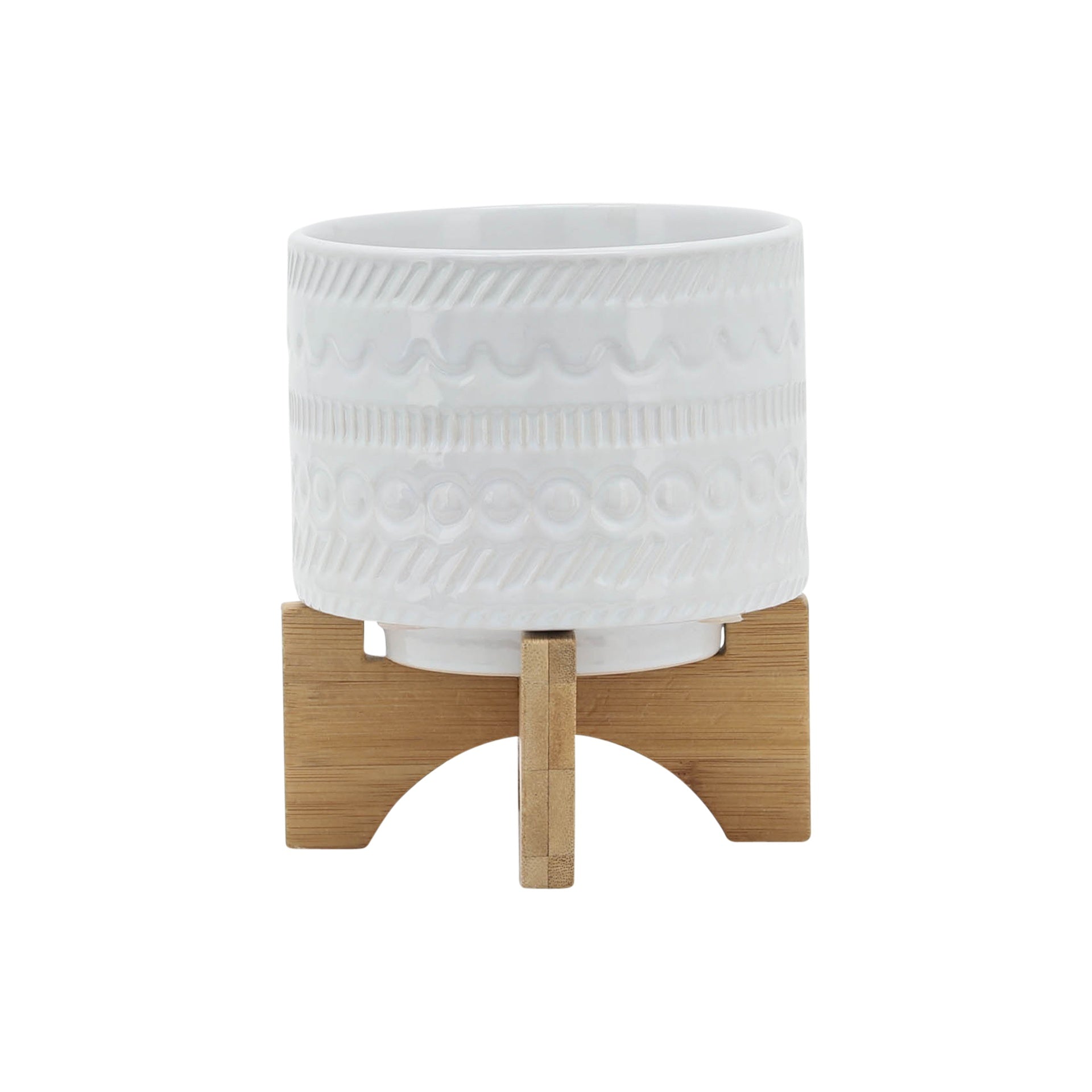 5" TRIBAL PLANTER W/ WOOD STAND, WHITE