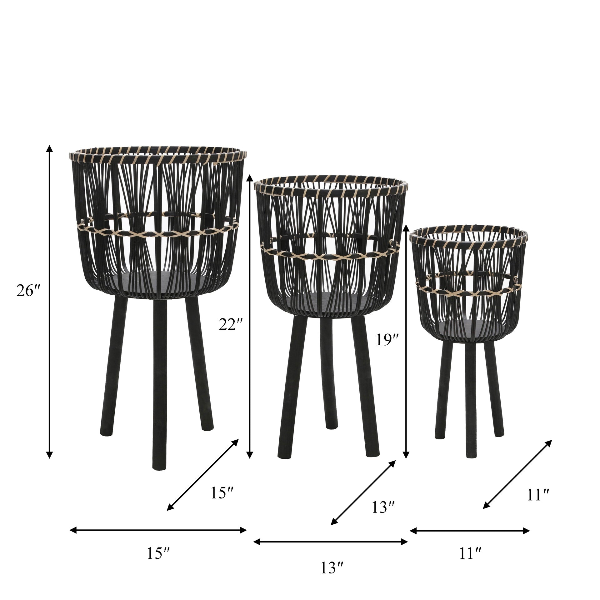 S/3 BAMBOO PLANTERS 11/13/15", BLACK