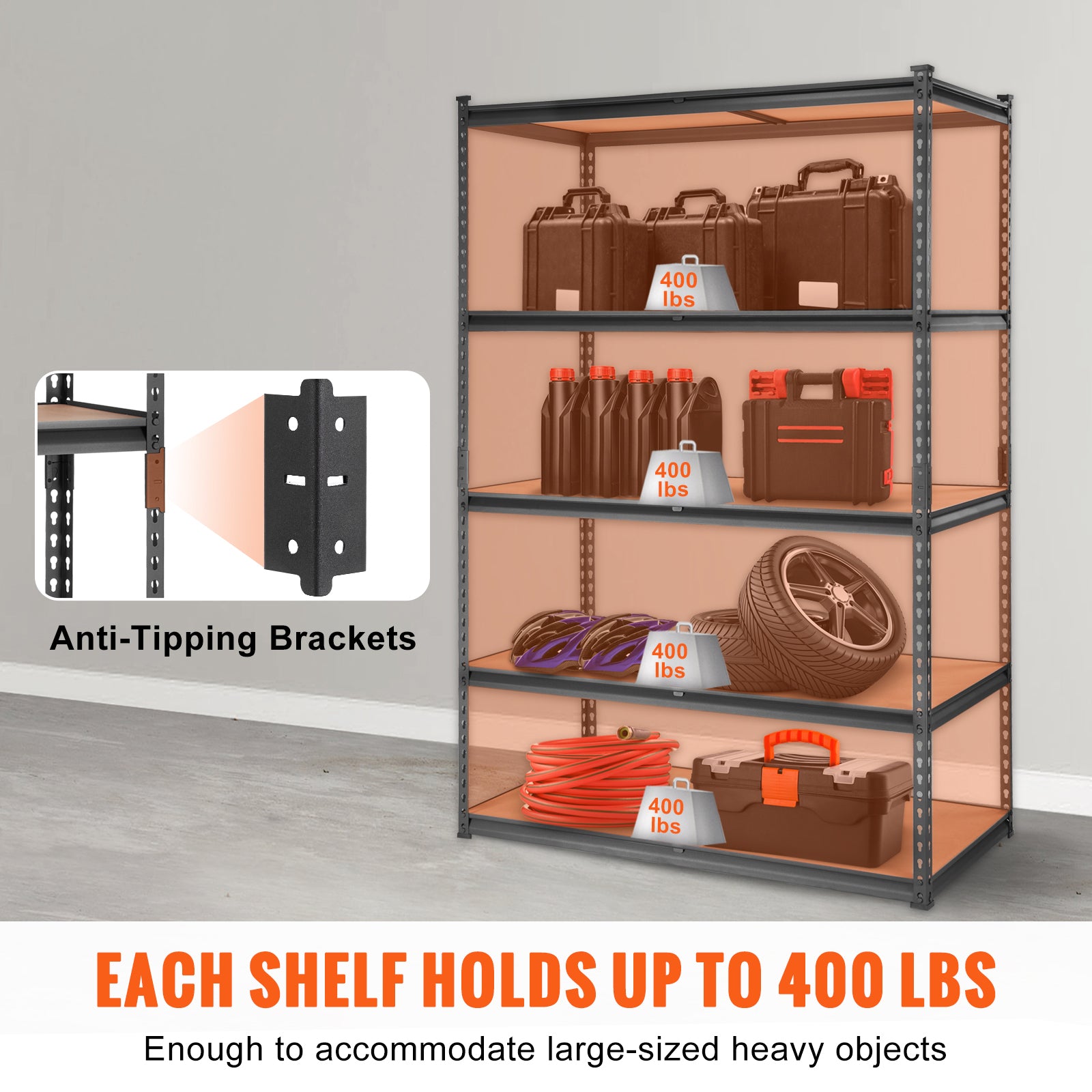 Storage Shelving Unit, 5-Tier Adjustable, 2000 lbs Capacity, Heavy Duty Garage Shelves Metal Organizer Utility Rack, Black, 48" L x 24" W x 72" H for Kitchen Pantry Basement Bathroom Laundry