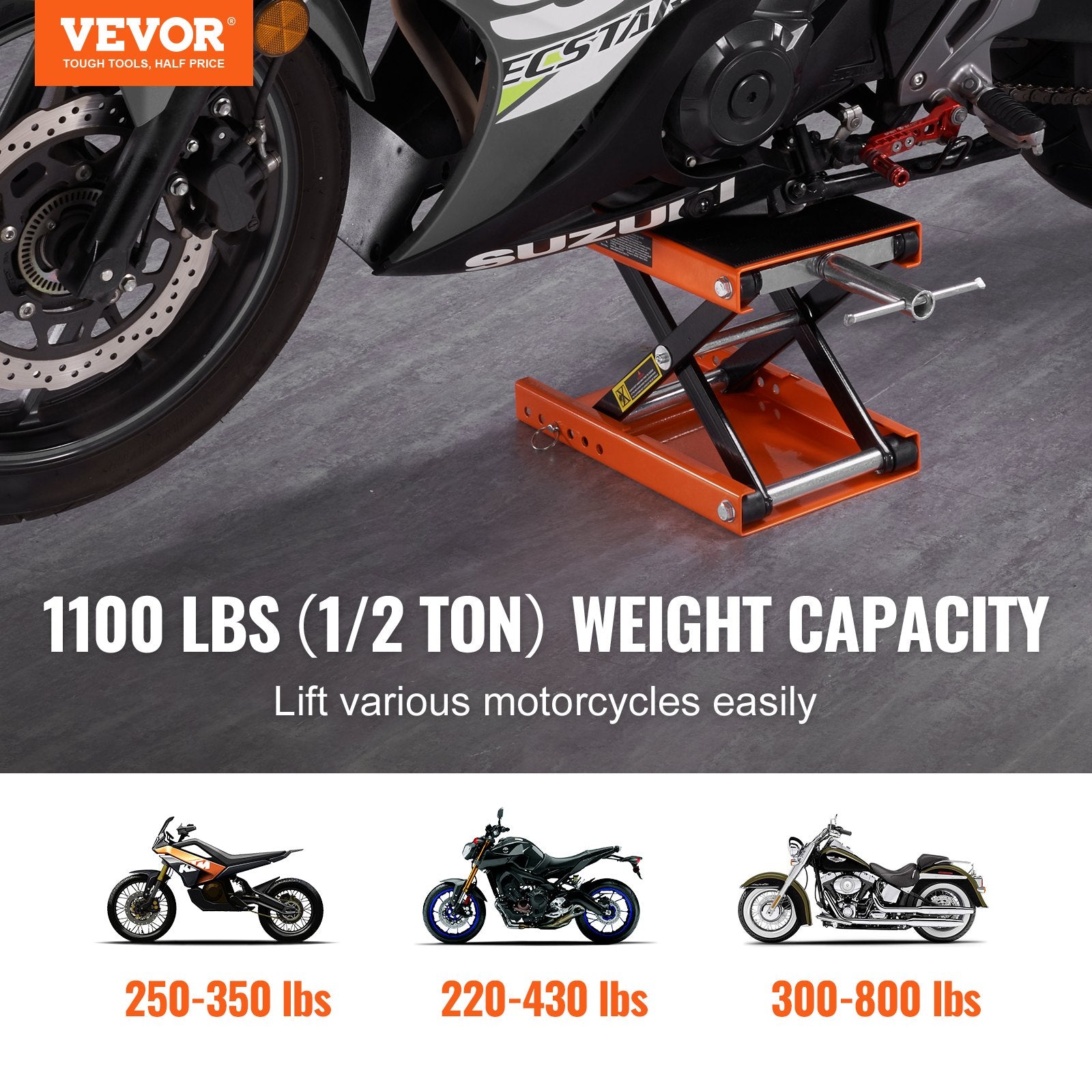 Motorcycle Lift, 1100 LBS Motorcycle Scissor Lift Jack with Wide Deck & Safety Pin, 3.7"-13.8" Center Hoist Crank Stand, Steel Scissor Jack for Street Bikes, Cruiser Bikes, Touring Motorcycles