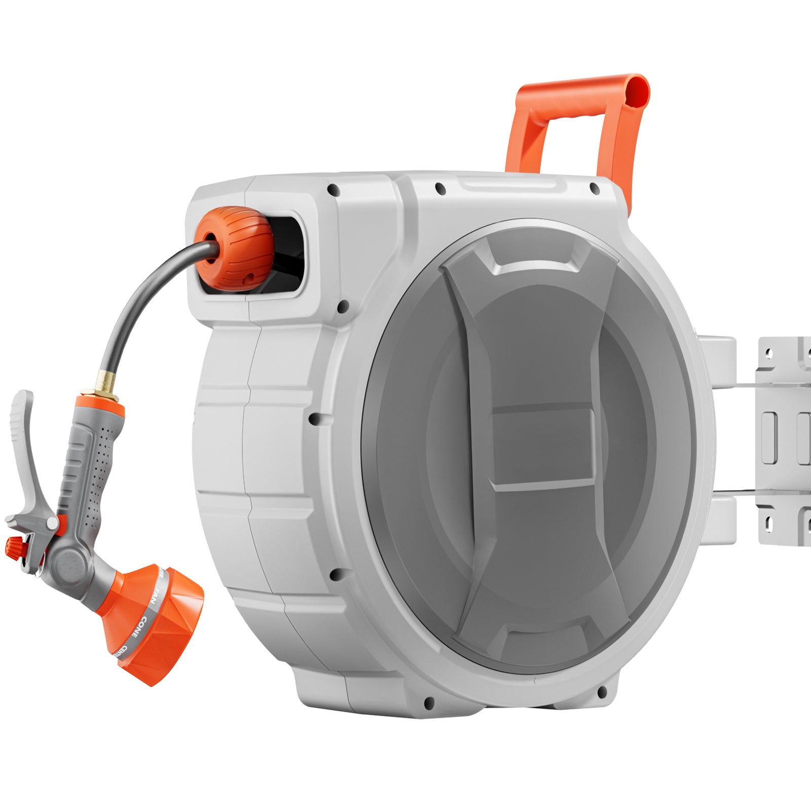 Retractable Garden Hose Reel, 5/8 Inch x 100 ft Wall Mounted, Heavy Duty with 9-Pattern Nozzle, Adjustable Length Lock, Upgraded Slow Return System & 180° Swivel Bracket