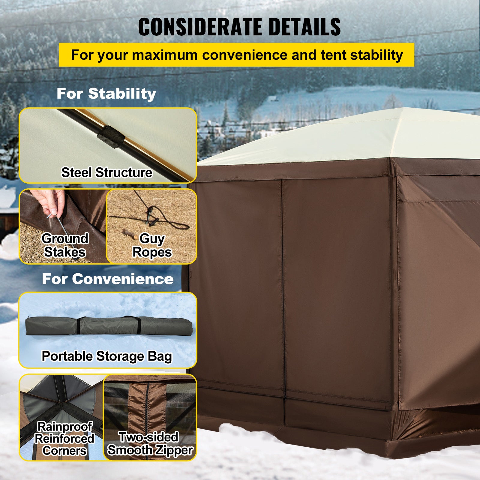 Camping Gazebo Screen Tent, 12*12ft, 6 Sided Pop-up Canopy Shelter Tent with Mesh Windows, Portable Carry Bag, Stakes, Large Shade Tents for Outdoor Camping, Lawn and Backyard, Brown/Beige