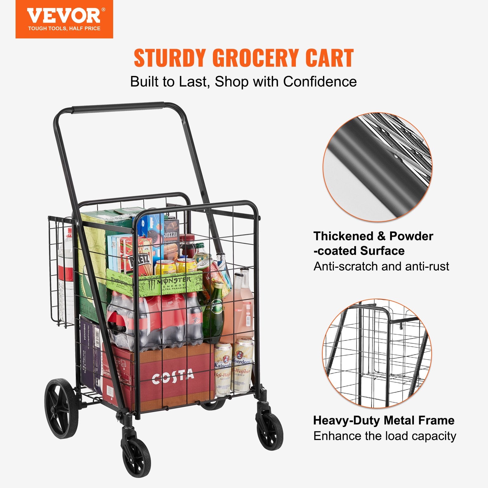 Folding Shopping Cart, Jumbo Grocery Cart with Double Baskets, 360° Swivel Wheels, Heavy Duty Utility Cart, 110 LBS Large Capacity Utility Cart for Laundry, Shopping, Grocery, Luggage